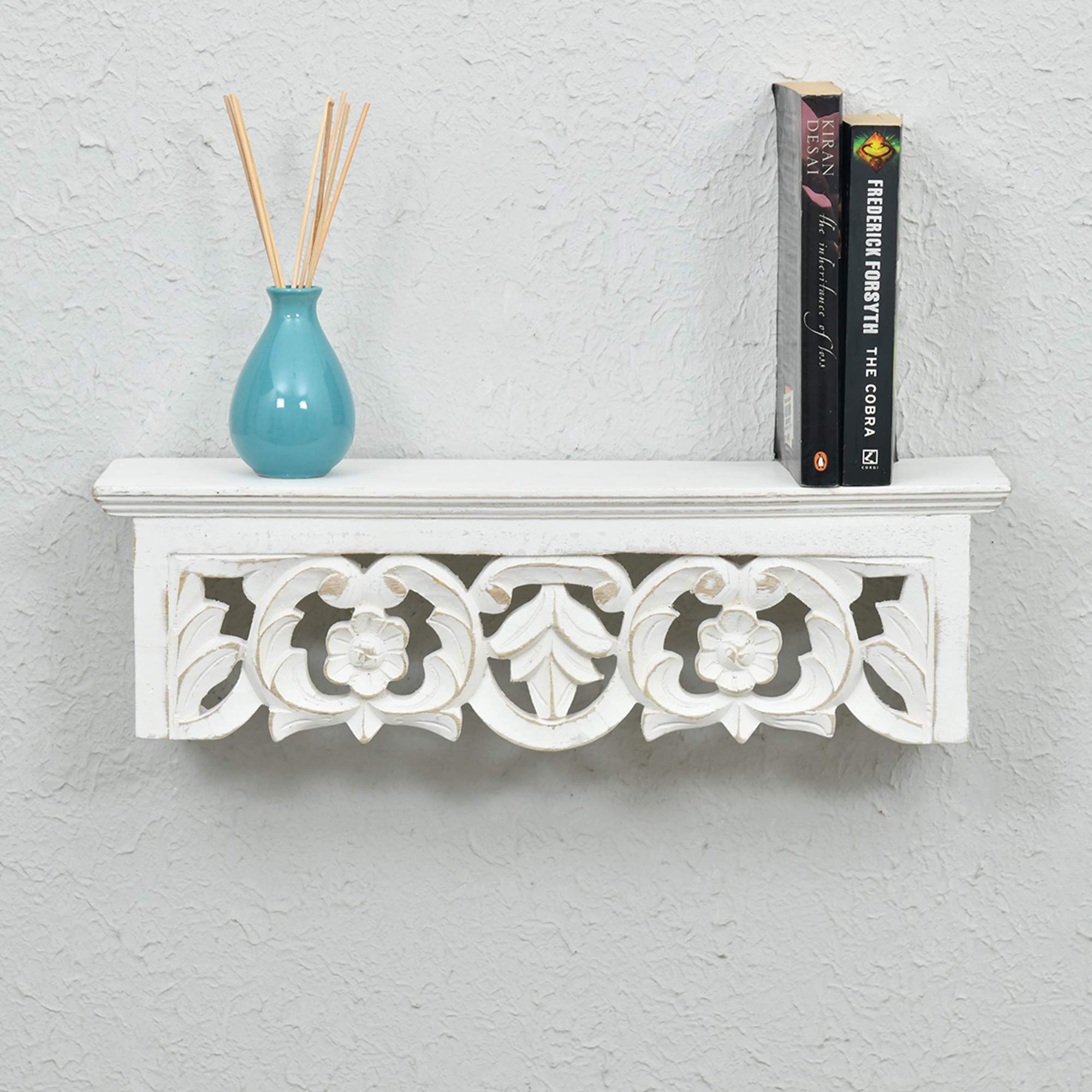 Woodenclave Handcarved Solid Wood Floral Design Wall Mounted Floating Shelf Wooden Wall Brackets Shelves Set for Home Living Room Decor - (Distressed White)-image-17