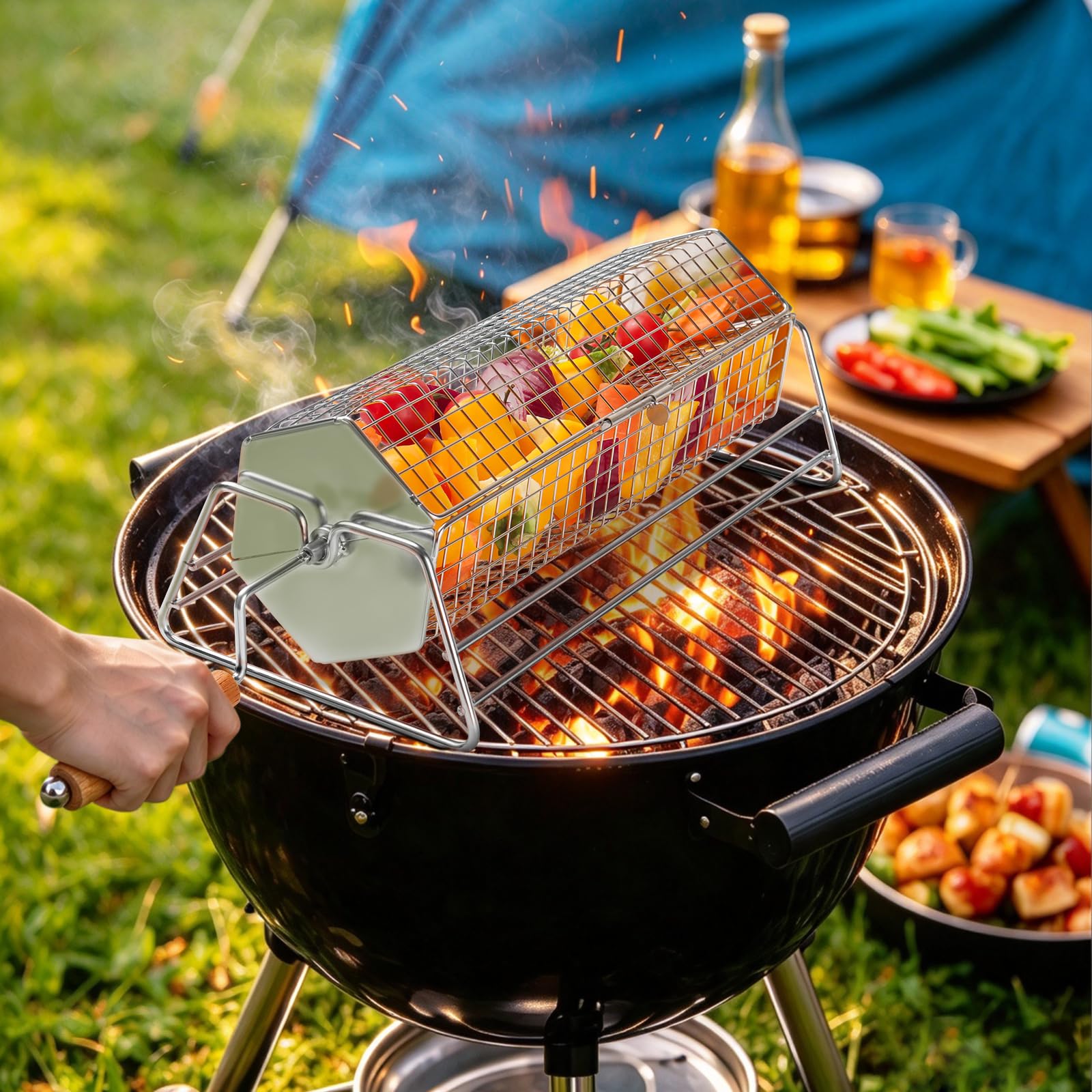 Rolling Grill Basket, Acciaio inossidabile Rolling BBQ Cage