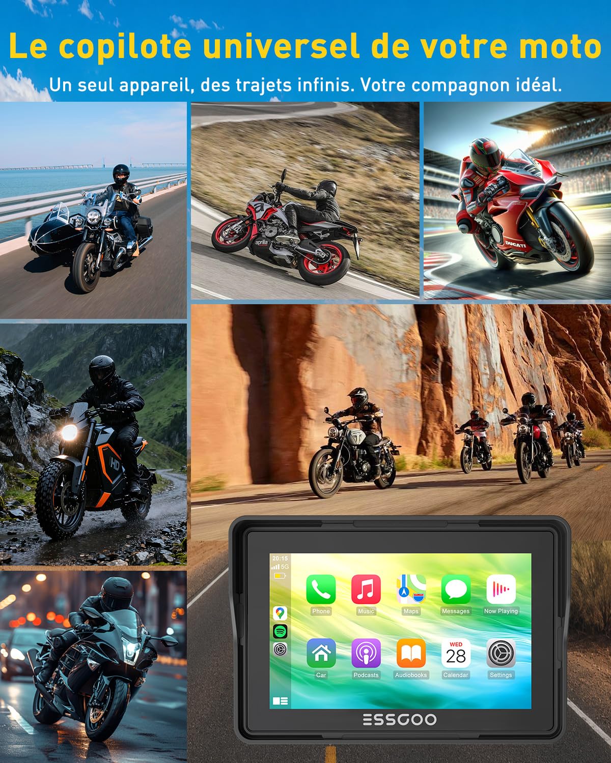 ESSGOO 5 Pouces CarPlay Moto Écran Android Auto sans Fil Tactile IPS | IP67 Étanche, Musique Bluetooth 5.3,Navigation GPS,Commande Vocale, Installation Démontage Faciles