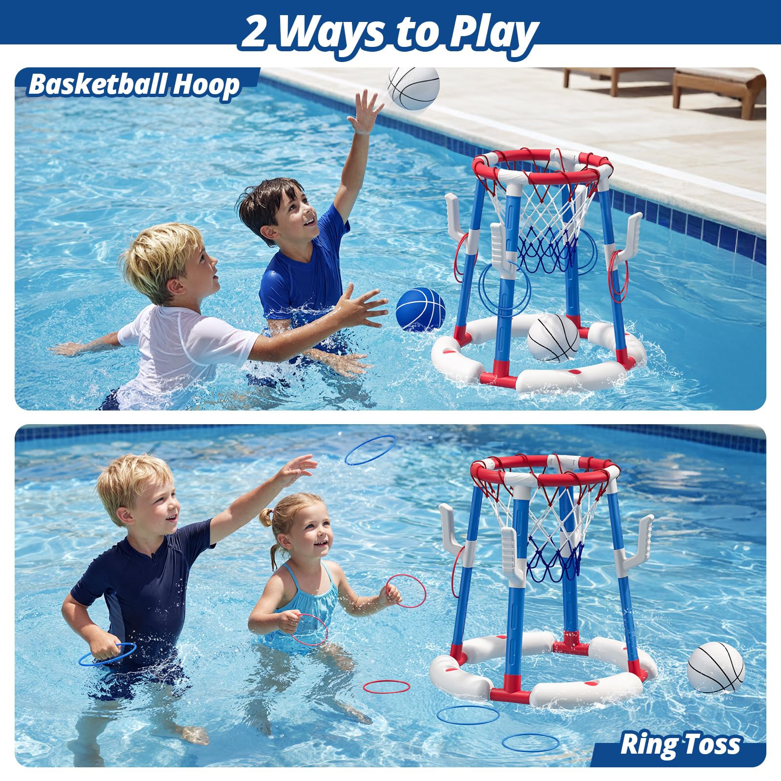 HYES Canasta de Baloncesto Piscina, Flotante Canasta Juguetes para Niños, Piscina de Baloncesto con 4 Bolas 8 Anillo, Juegos de Agua Interior y Exterior para Niños Adultos, Rojo