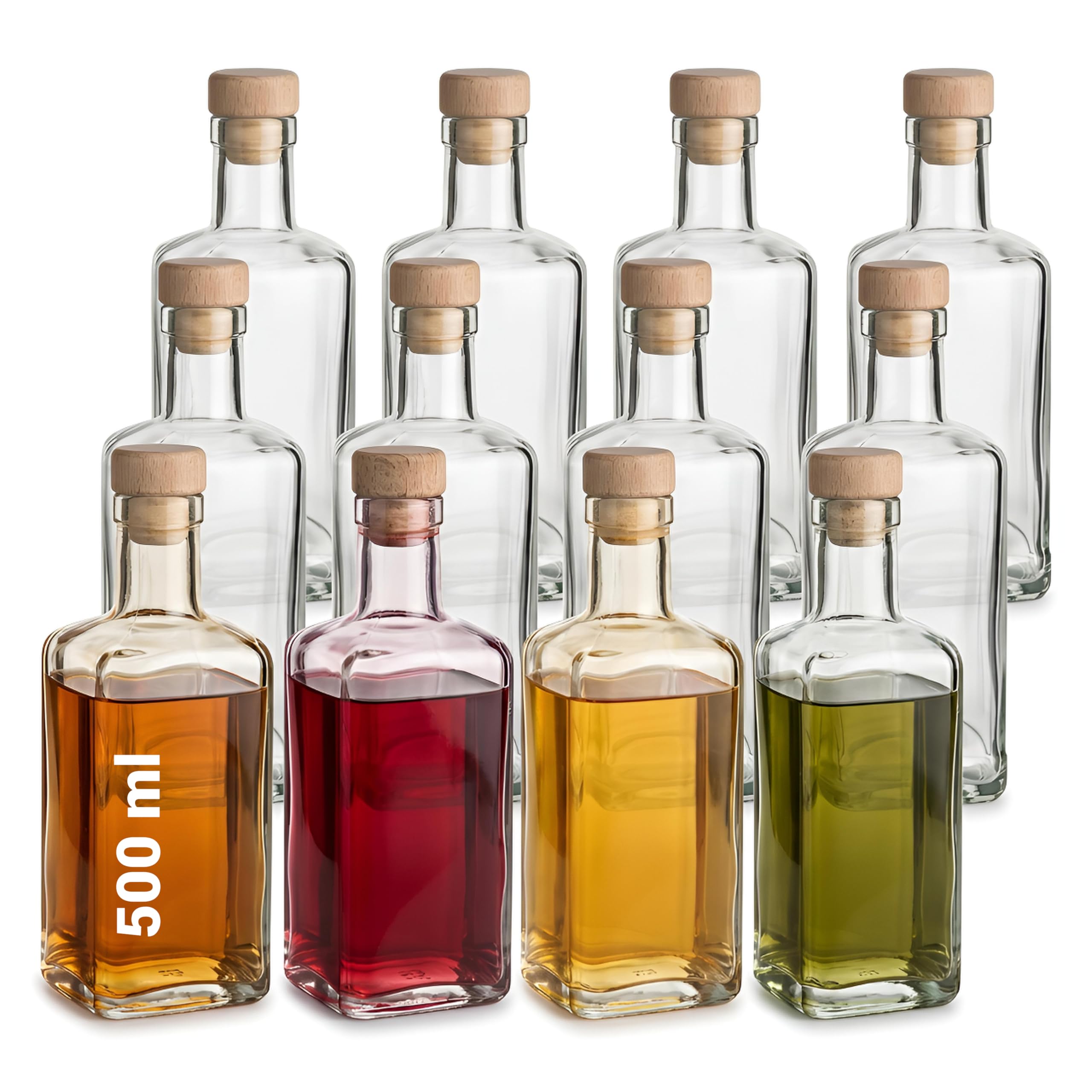 gouveo Lot de 12 bouteilles en verre 500 ml Carré Pharmacien avec bouchon en liège (HGK) - Bouteille 0,5 l à remplir et à offrir - Bouteille vide pour gin, liqueur, huile, vinaigre (AFET500HGK)