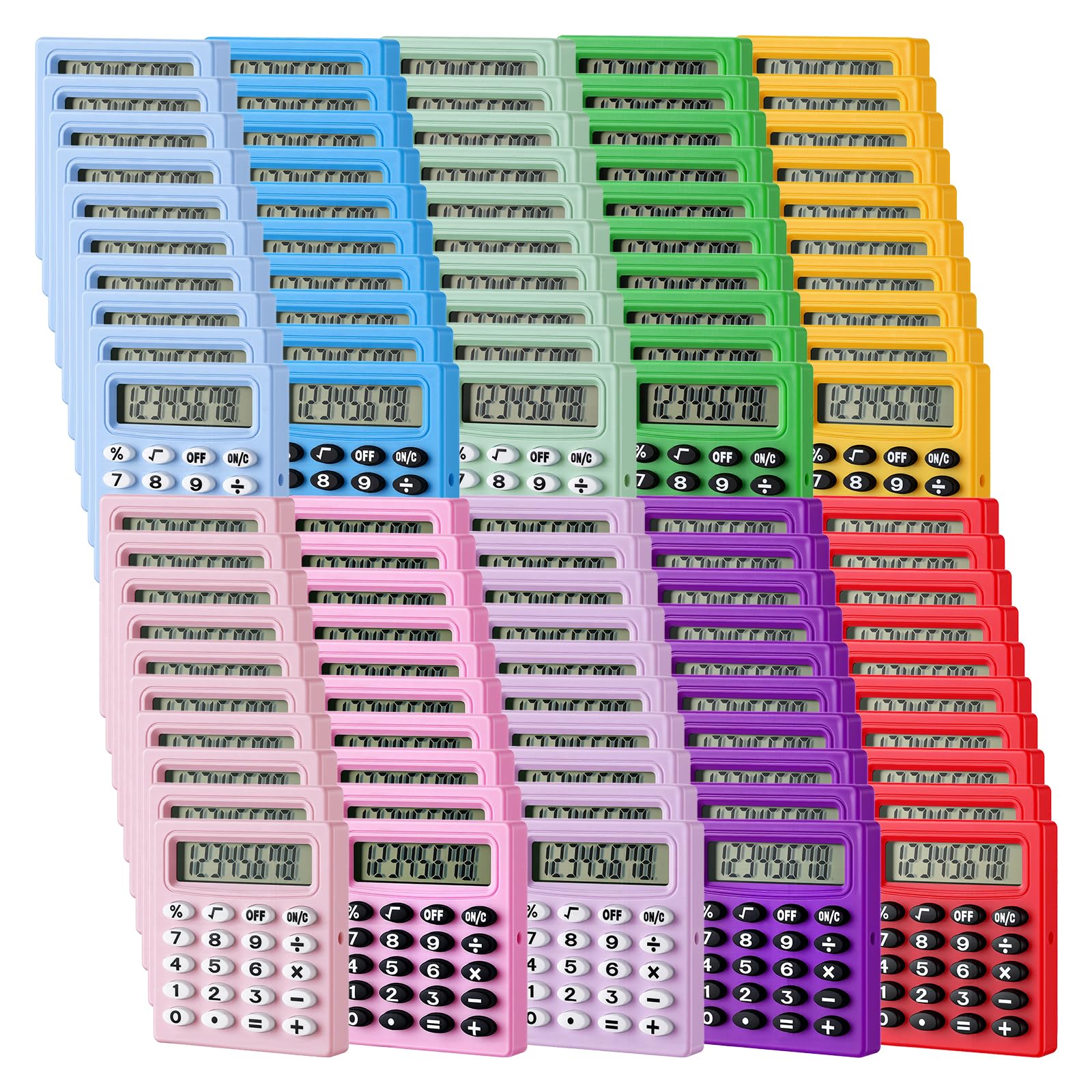 Lot de 100 petites calculatrices de poche à 8 chiffres pour étudiants, enfants, enseignants, école, bureau, maison (10 couleurs)