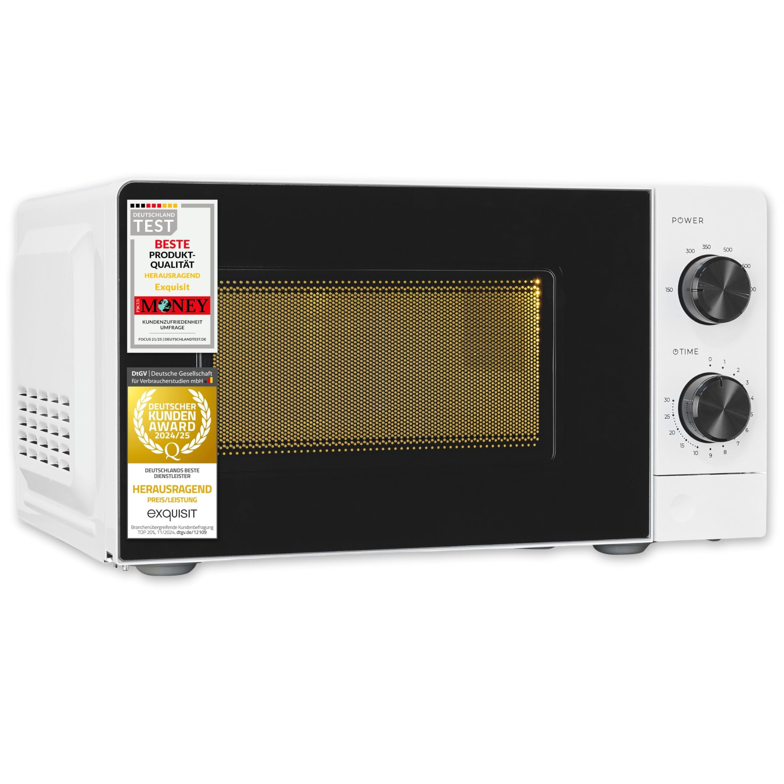 Exquisit Mikrowelle | 20 l Garraum, 700 W Leistung, 6 Leistungsstufen, Standgerät | Auftau-Programm, manuelle Steuerung, mechanische Zeitschaltuhr, Innenbeleuchtung, Glas-Drehteller | MW850-070 weiss
