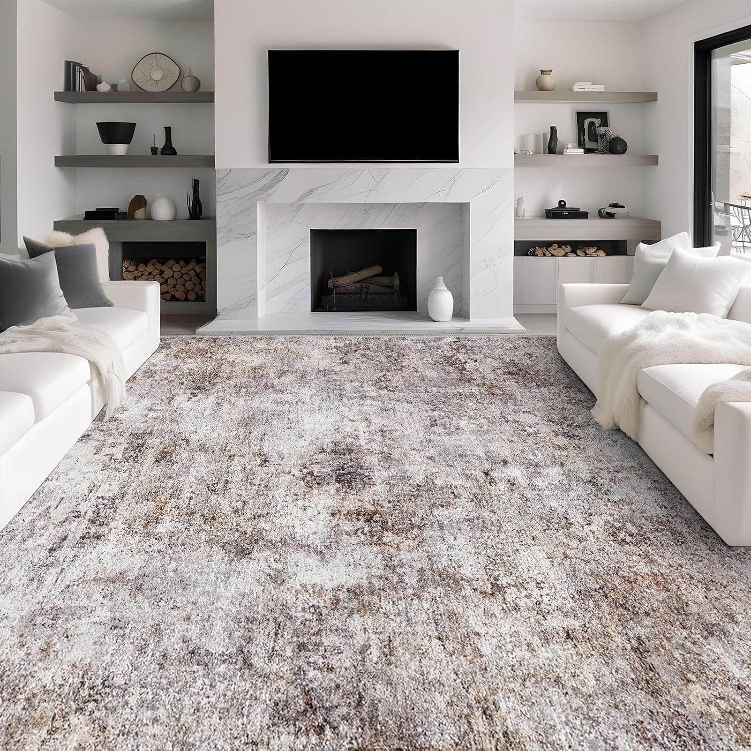 Abstract 9x12 Washable Rug: Modern Ultra Non Slip Area Rug Soft Carpet Foldable Distressed Stain Resistant Neutral Rugs for Living Room Bedroom Decor Large Indoor Farmhouse Rug 9'x12' Brick Gray