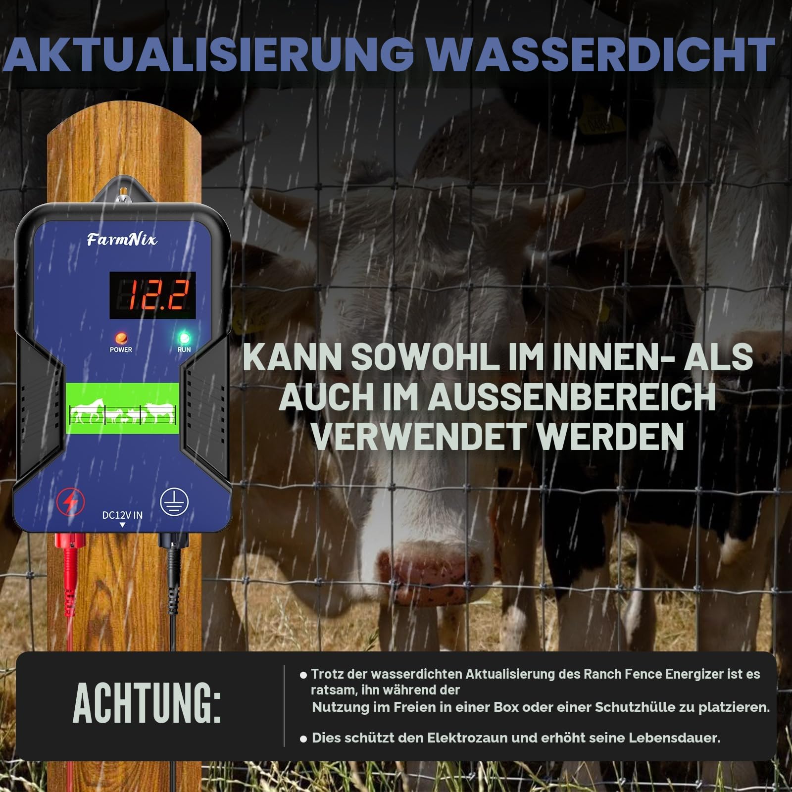 12V Weidezaungerät mit LED Anzeige, 2J Wasserdicht Elektrischer Weidezaun 230V für 15 KM Reichweite, LED Display Eelektrozaun für Schutz von Nutztieren,Haustieren,Geflügel, Hausweide,Gärten (Blau)