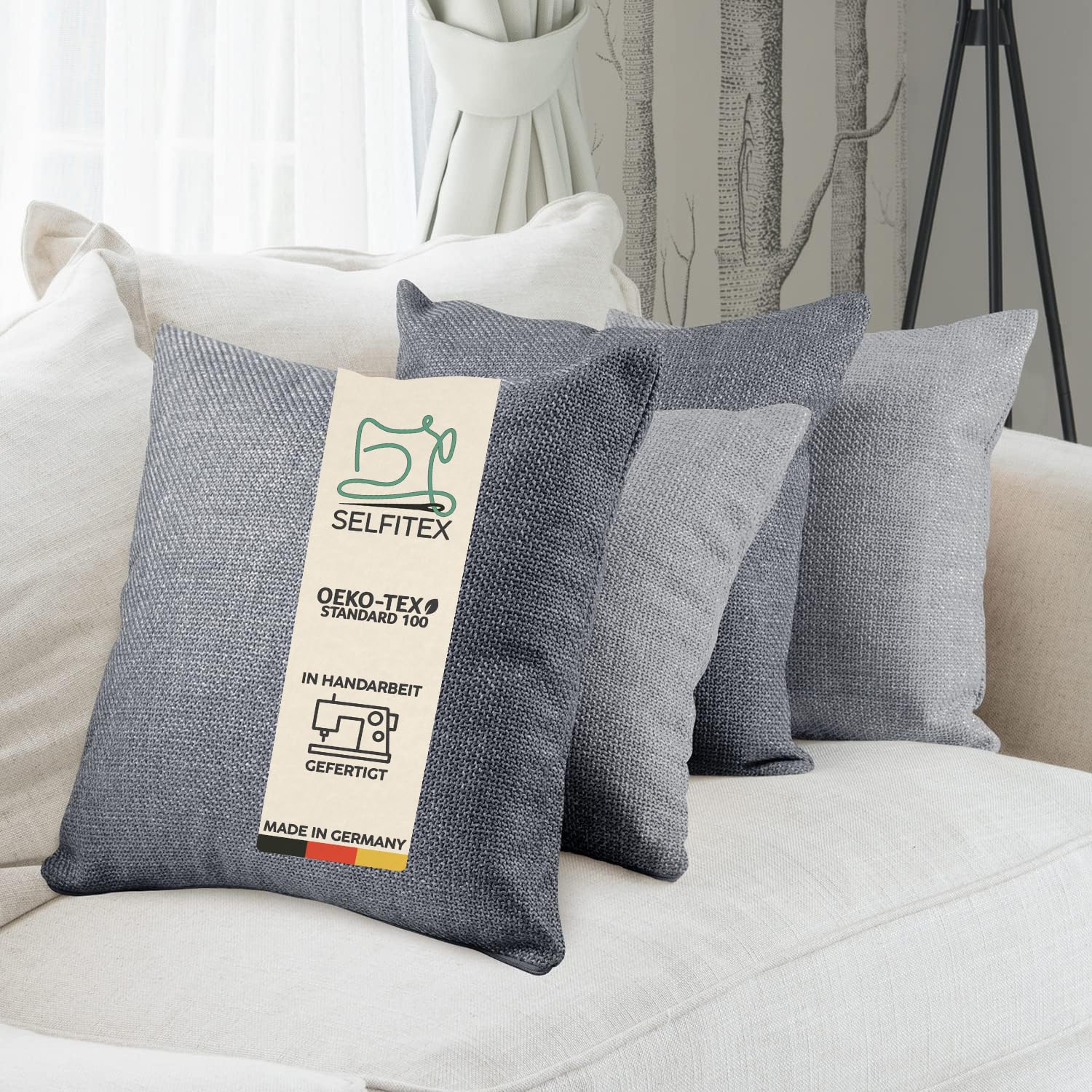 Monsera Kissen 40x40 4er Set, Sofakissen mit Füllung und Bezug, weiche Couchkissen, Dekokissen, edler Polsterstoff, leicht glänzend und strukturiert, Luxus Sofakissen inkl. Kissenfüllung (Grau)