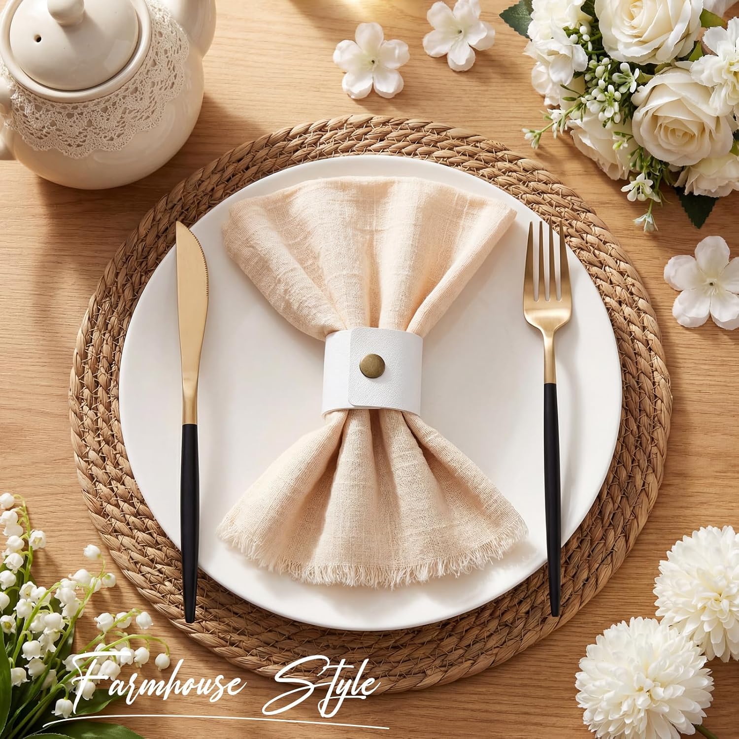 LemonRoad 50 Pcs White Leather Napkin Rings Bulk Vintage PU Buckle Napkin Holder for Farmhouse Dinner Party Wedding Birthdays Table Decoration
