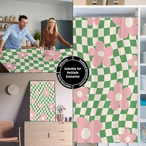 Miniatura 7 de Bonita cortina de ducha retro rosa verde floral de los años 70 para baño, 72 pulgadas de ancho x 72 pulgadas de alto, diseño abstracto a cuadros,