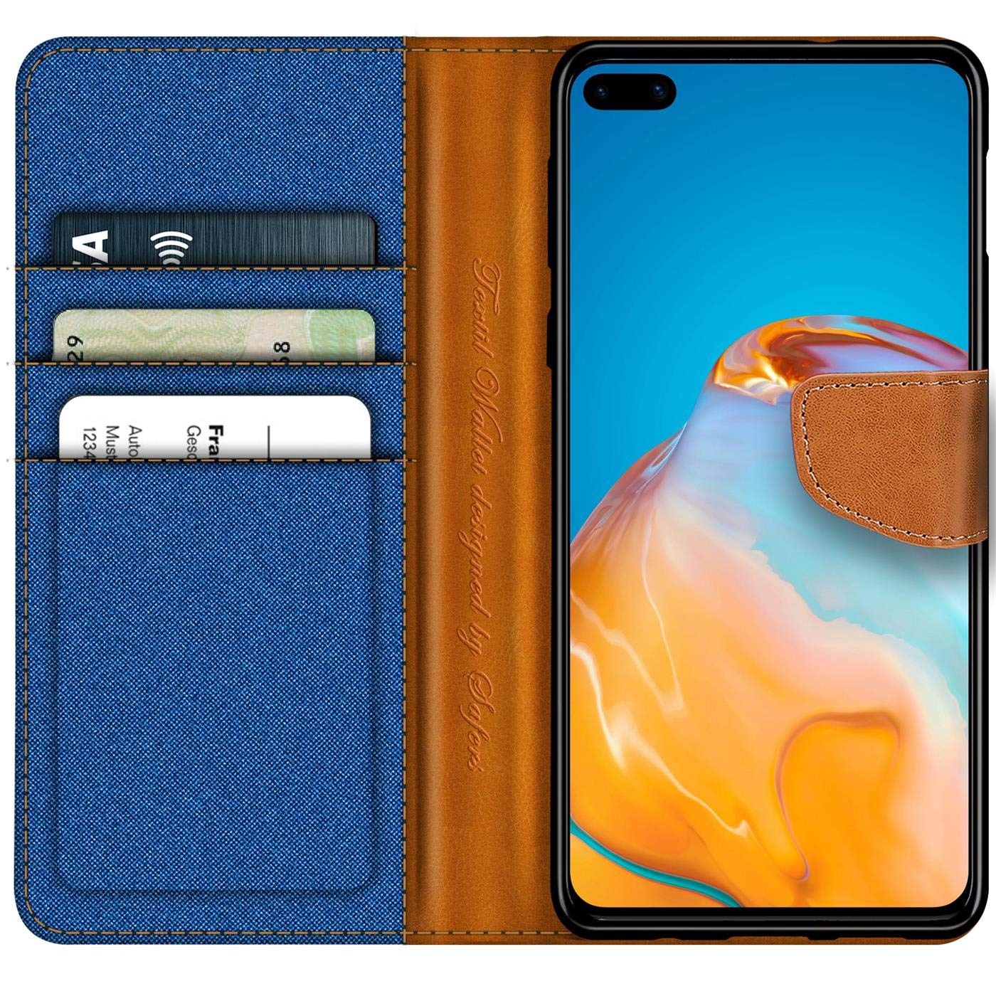Verco Phone Wallet Case compatible with the Huawei P40, Canvas Faux Leather Book Cover for the P40 Flip Case Bag Hinged - Blue - Image 2