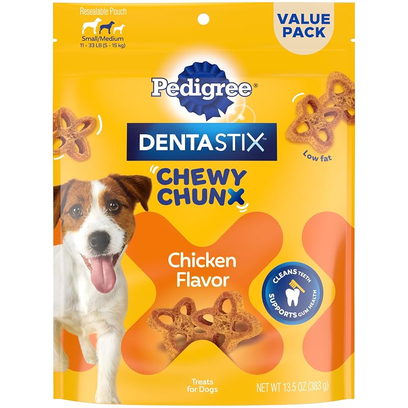 Petisco Dental Mastigável para Cães Pequenos Pedigree Dentastix Chewy Chunx Sabor Frango, 383 g