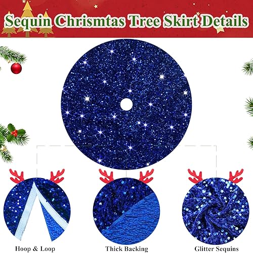Miniatura 3 de MODFUNS Falda azul para árbol de Navidad de 46 pulgadas, falda de árbol de Navidad con lentejuelas, tapete redondo de terciopelo brillante, adornos