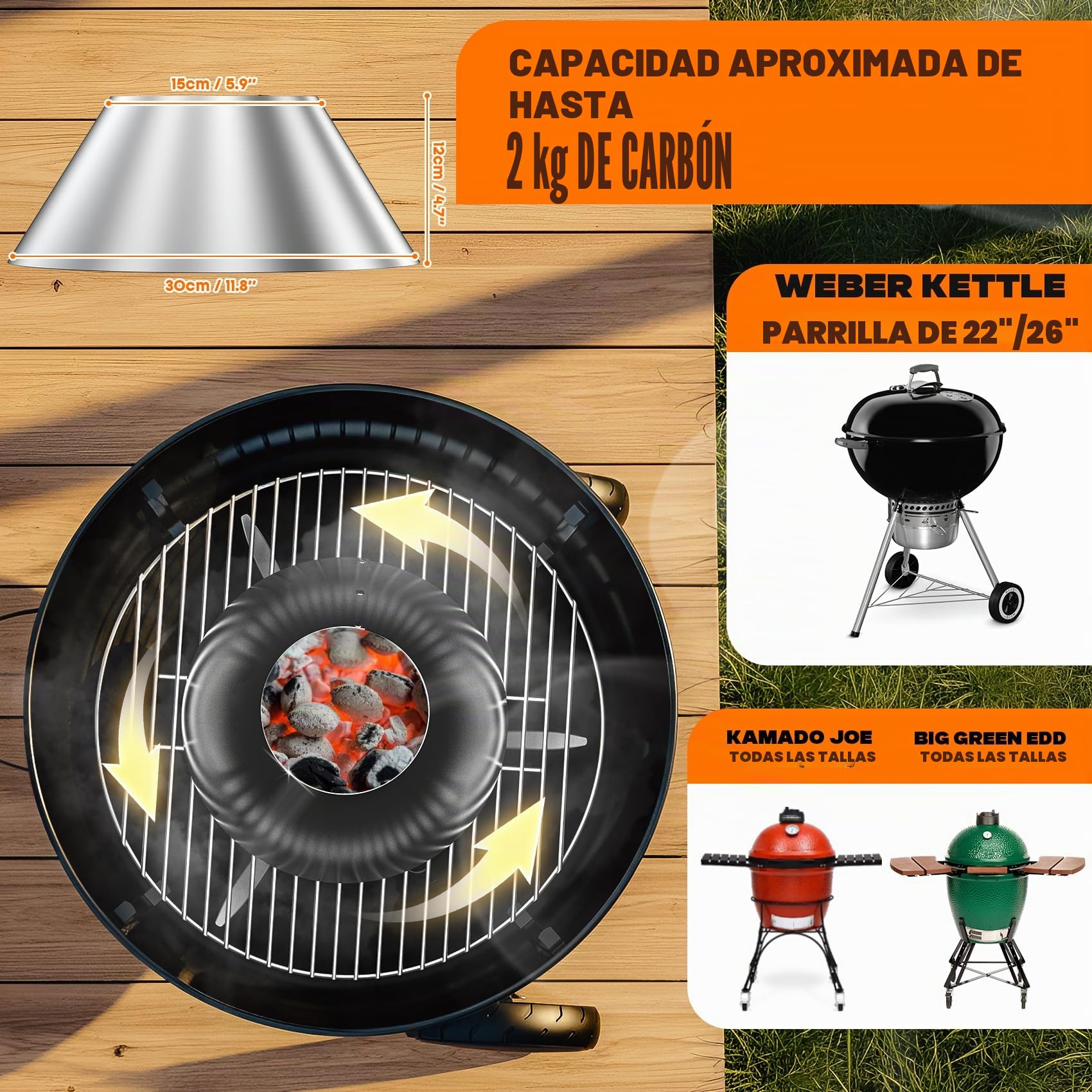 onlyfire Accesorios para Barbacoa Soporte de briquetas de carbón de Acero Inoxidable para Weber Kettle y Parrillas de cerámica