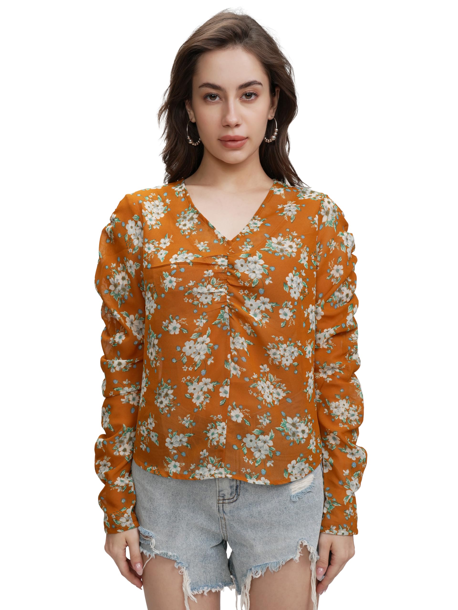 tokyo talkies Women's Floral V-Neck | Front Gather | Long Gathered Sleeves Top | Tops for Woman | Women Tops | Stylish Top-picture-21