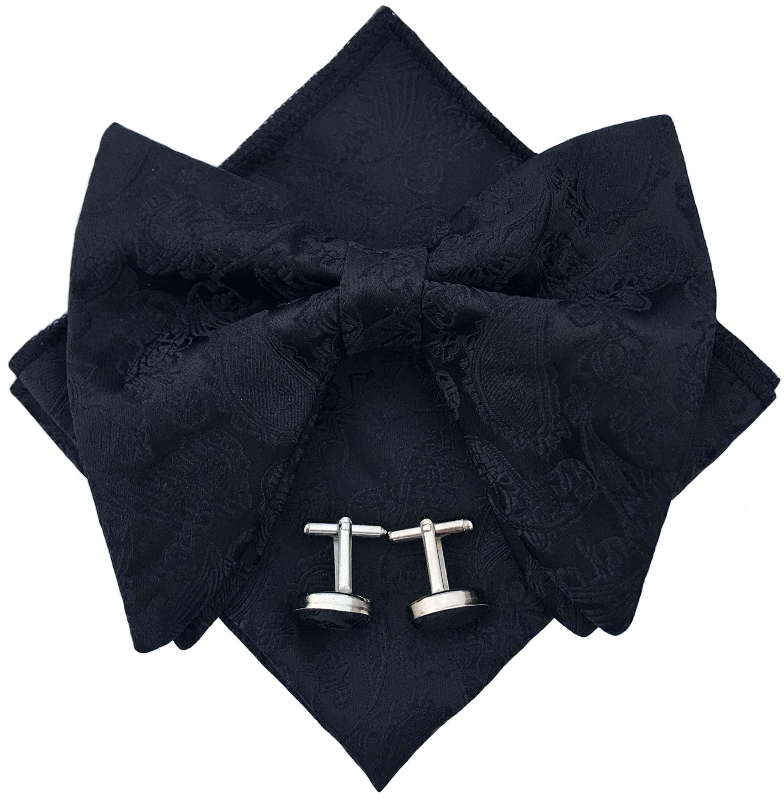Justar Mens Pre-Tied Paisley Bowtie Oversized Tuxedo Bow Tie Hankie Cufflinks Set (Black)