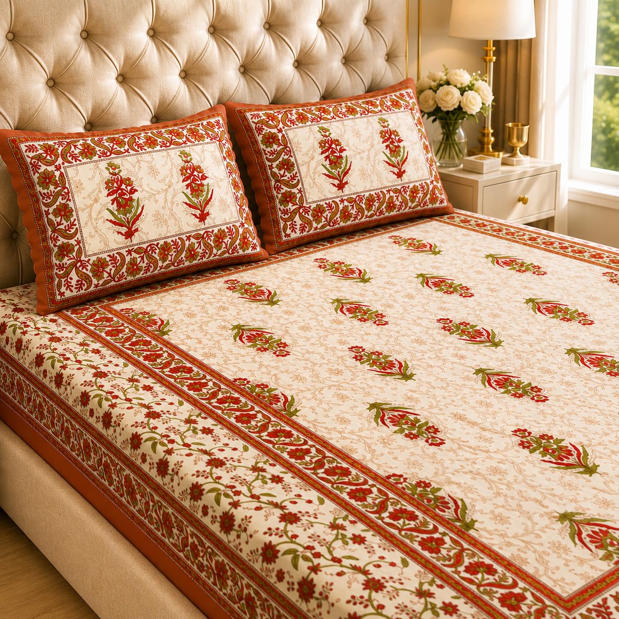 100% Cotton Bedsheet for Queen Size bedsheets for Double Bed Rajasthani Jaipuri Printed Queen Size Bedsheet with 2 Pillow Cover/ 90x100 inch/ 235x215 cm / (Brown)-image-5