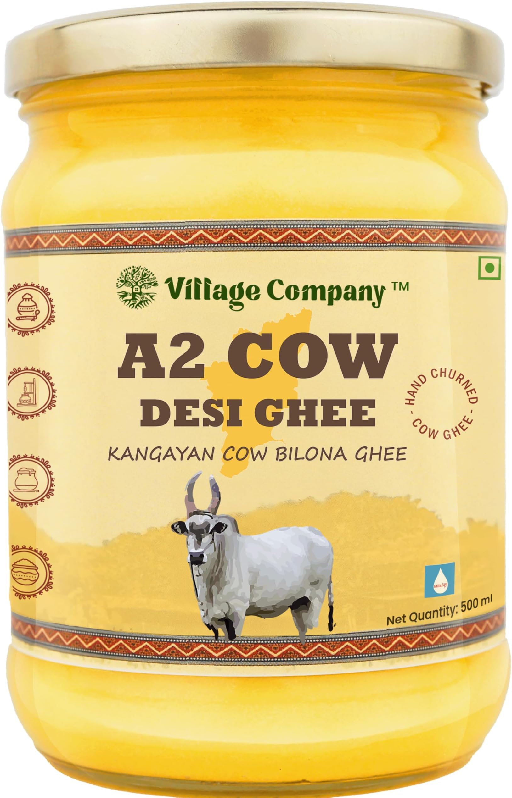 Village Company A2 Bilona Desi Cow Ghee | Bilona Method | Premium, Organic, Traditional | Grass Fed | Kangayam Desi Cow | Lab-Certified | Glass Jar 500ml