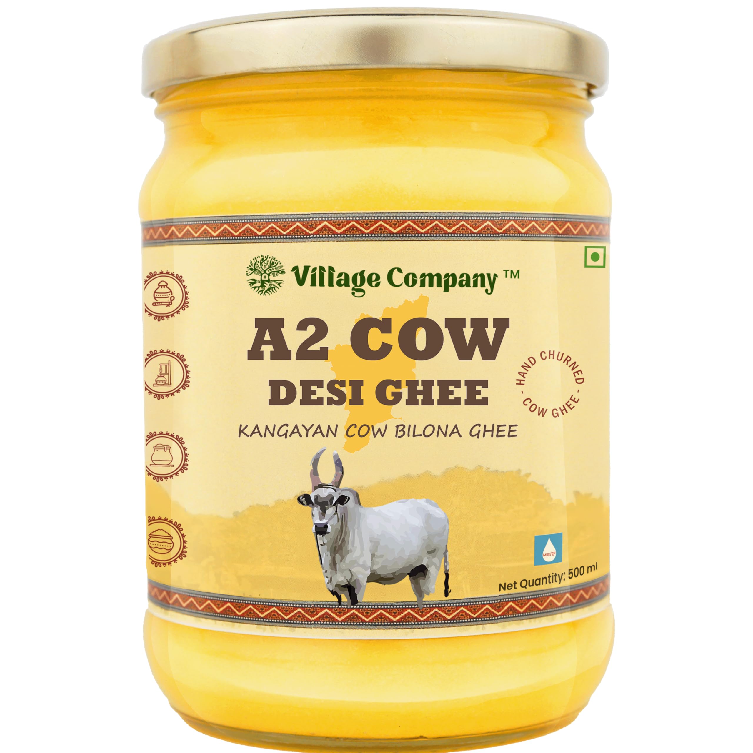 Village Company A2 Bilona Desi Cow Ghee | Bilona Method | Premium, Organic, Traditional | Grass Fed | Kangayam Desi Cow | Lab-Certified | Glass Jar 500ml