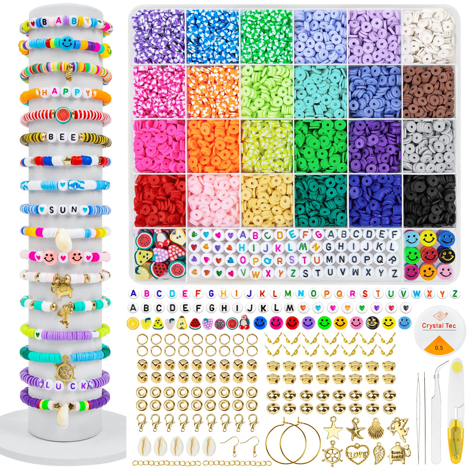 6600Pcs Clay Beads for Bracelet Making 24 Colors Spacer Clay Heishi Beads 6mm Flat Round Polymer Clay Beads Kit with Pendant Charms Kit Letter Beads and Elastic Strings