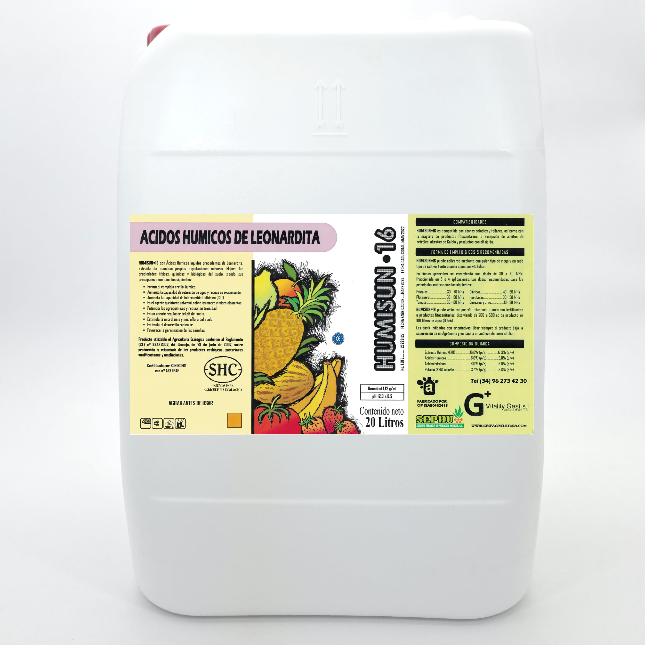 HUMISUN 16 – Fertilizante Orgánico Líquido de Leonardita con Ácidos Húmicos, Fúlvicos y Potasio – Agricultura Ecológica – Formato 20L