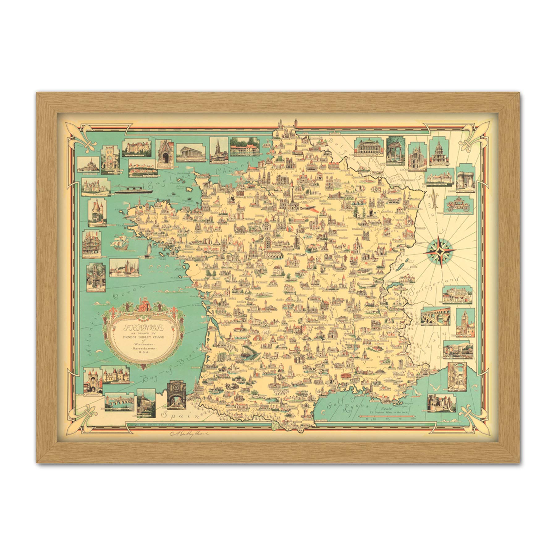 Chase 1935 Pictorial Map France Buildings Large Framed Art Print Poster Wall Decor 18x24 in