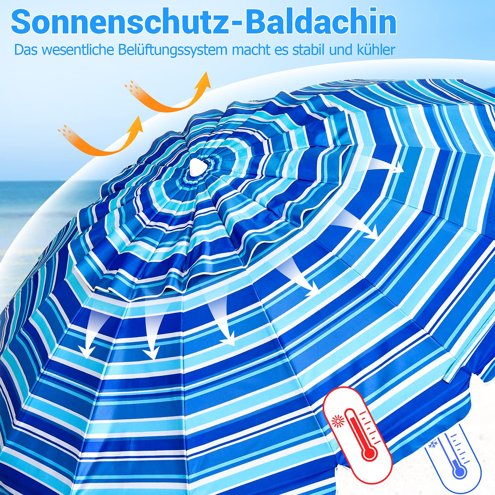 COSTWAY 220 cm Sonnenschirm Strand, Strandschirm windfest stabil, UPF 50+, 30° knickbar, Sonnenschutz mit Erdspieß für Balkon, Garten & Terrasse