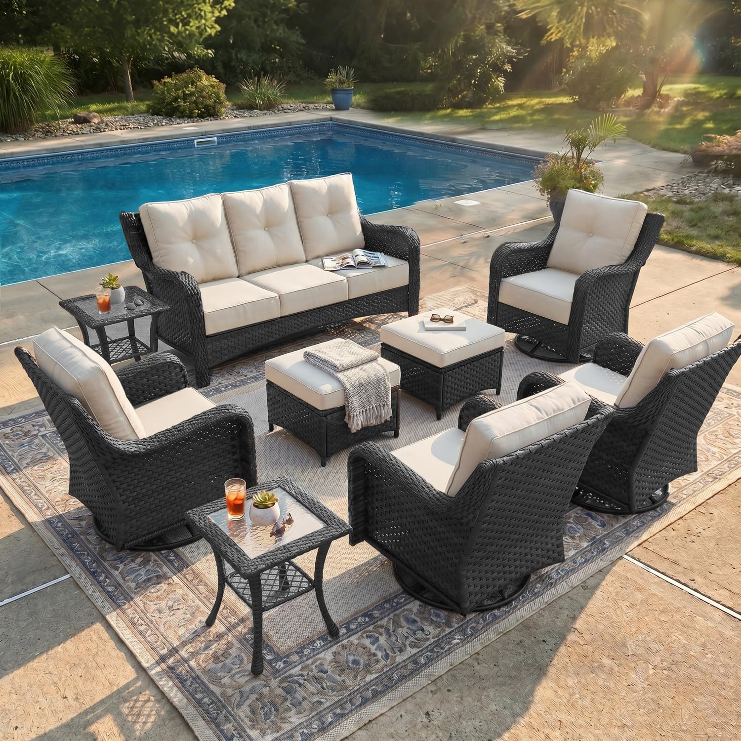 LayinSun 9 Piece Wicker Outdoor Furniture Set with 6-inch Comfy Cushions