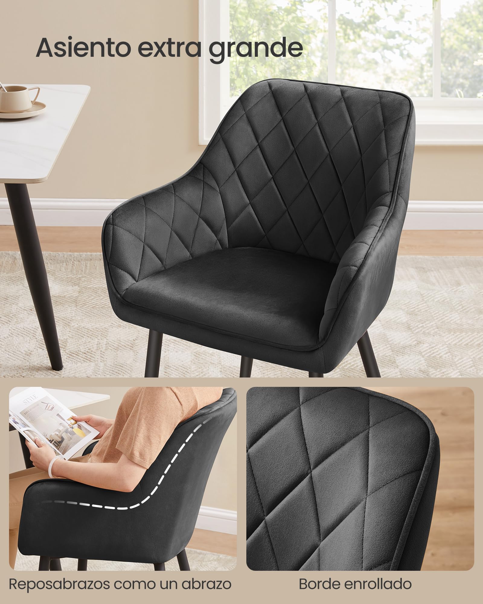 SONGMICS Silla de Comedor, Silla de Cocina, Sillón de Terciopelo, Silla Tapizada con Reposabrazos, Carga Máx. de 120 kg, Patas de Metal, para Comedor, Cocina, Negro Tinta LDC088B01
