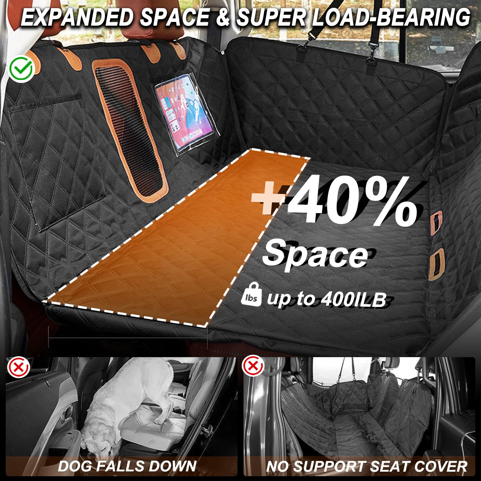 Funda De Asiento Coche Para Perro Trasero, Extensor Trasero Impermeable Perros Con Parte Inferior Dura, Tela Oxford 1680D Mejorada, Soporta 600 Libras