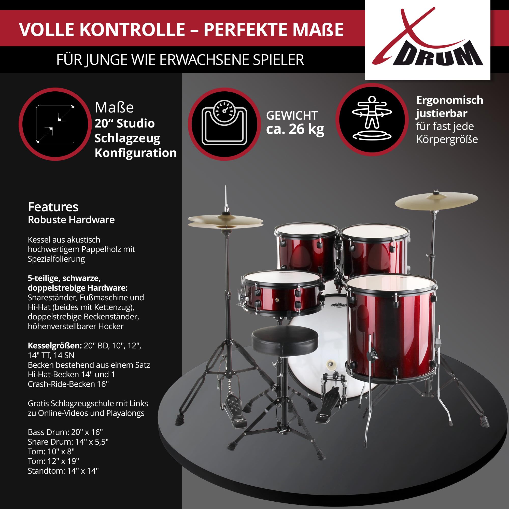 XDrum Rookie 20" Studio Schlagzeug Komplettset Ruby Red - Ideal für Einsteiger - Stylische Hardware in schwarz - Inkl. Drumsticks, Aufbauanleitung und Schlagzeugschule - Rot