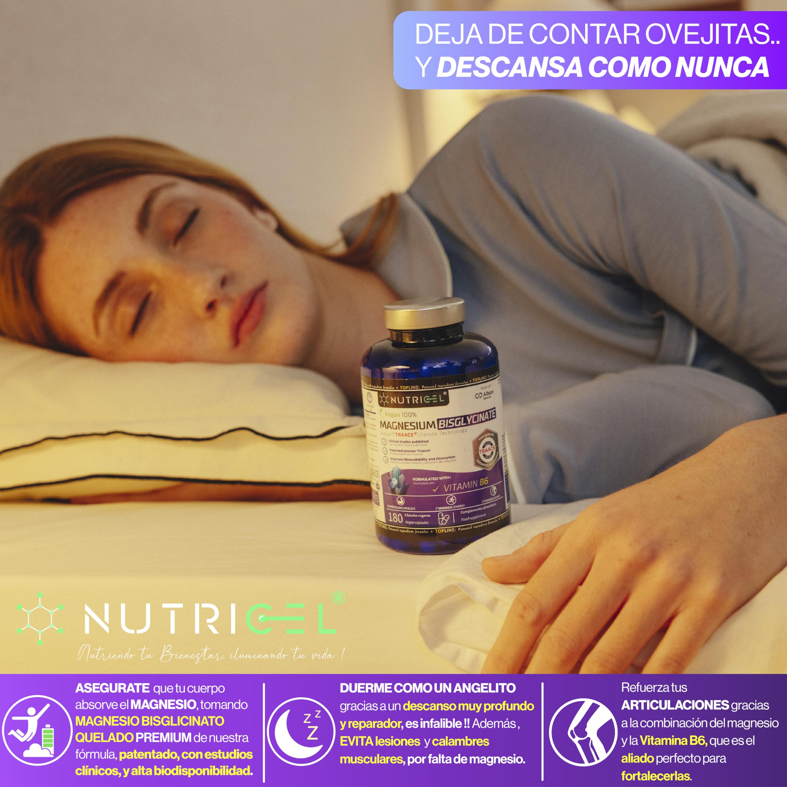 Glicinato de magnesio + Vitamina B6-375 mg de magnesium elemental/dosis diaria - suministro para 2 meses con 180 cápsulas - magnesio quelado - mejora sueño y fatiga - 100% vegano, alta dosificación