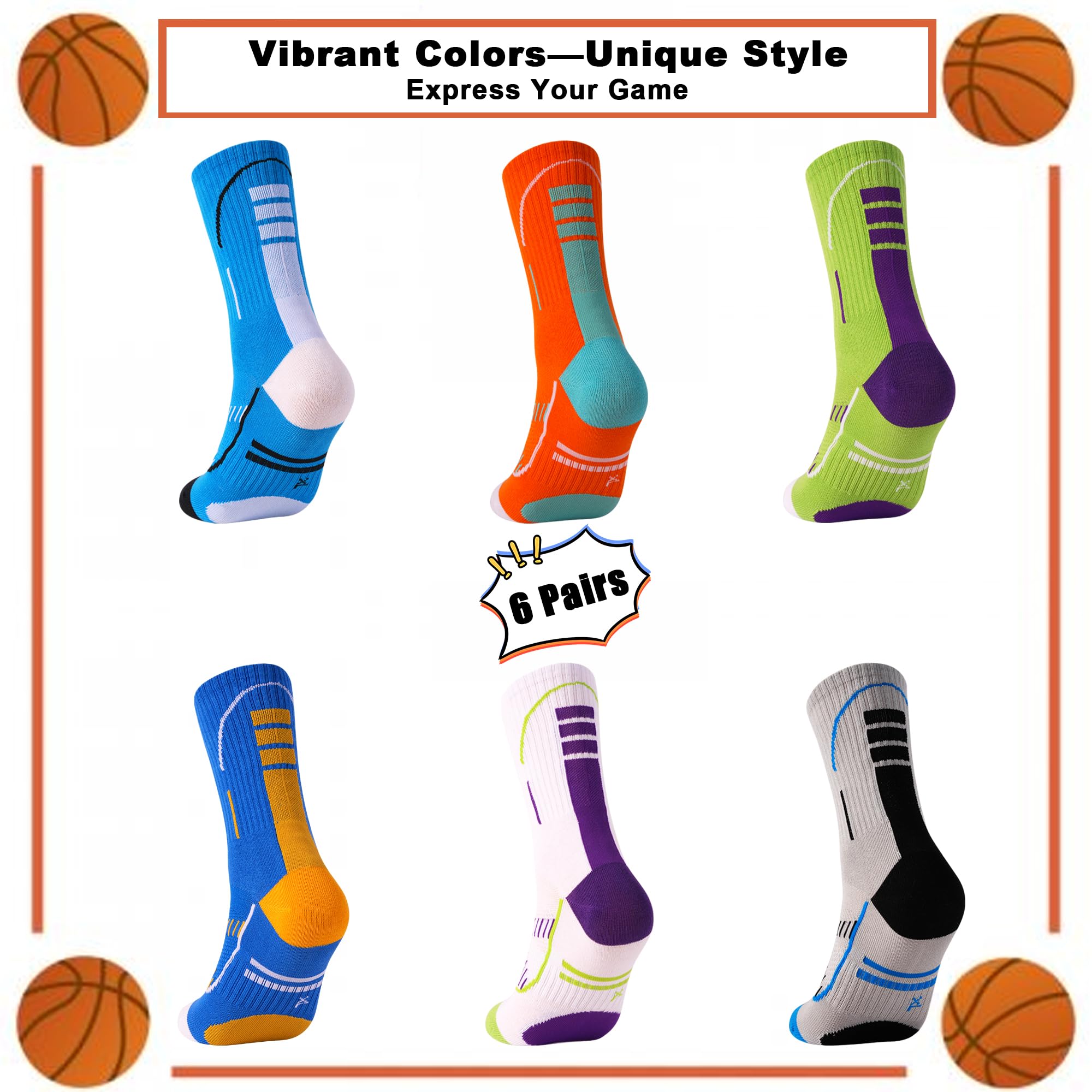 GRPSKCOS Lot de 6 paires de chaussettes de sport en coton pour enfants, chaussettes confortables pour garçons et filles de 5 à 14 ans