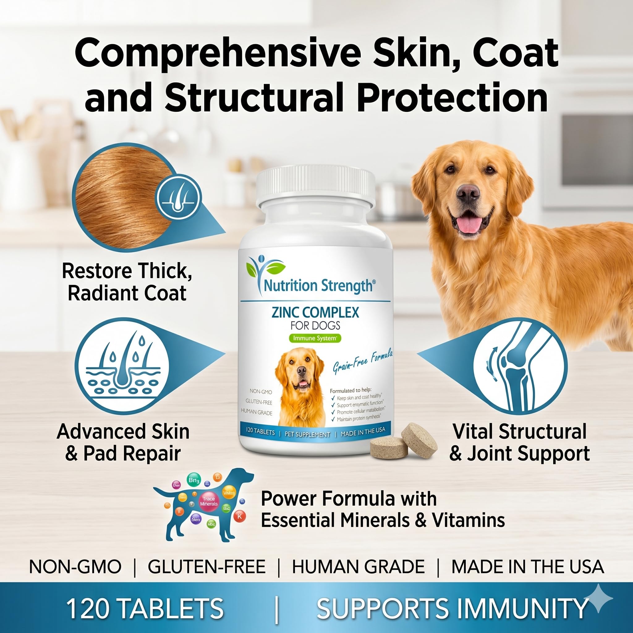 Zinc pour chiens pour soutenir une peau et un pelage sains, favoriser une croissance normale, une fonction immunitaire équilibrée et un métabolisme cellulaire, avec biotine, folate