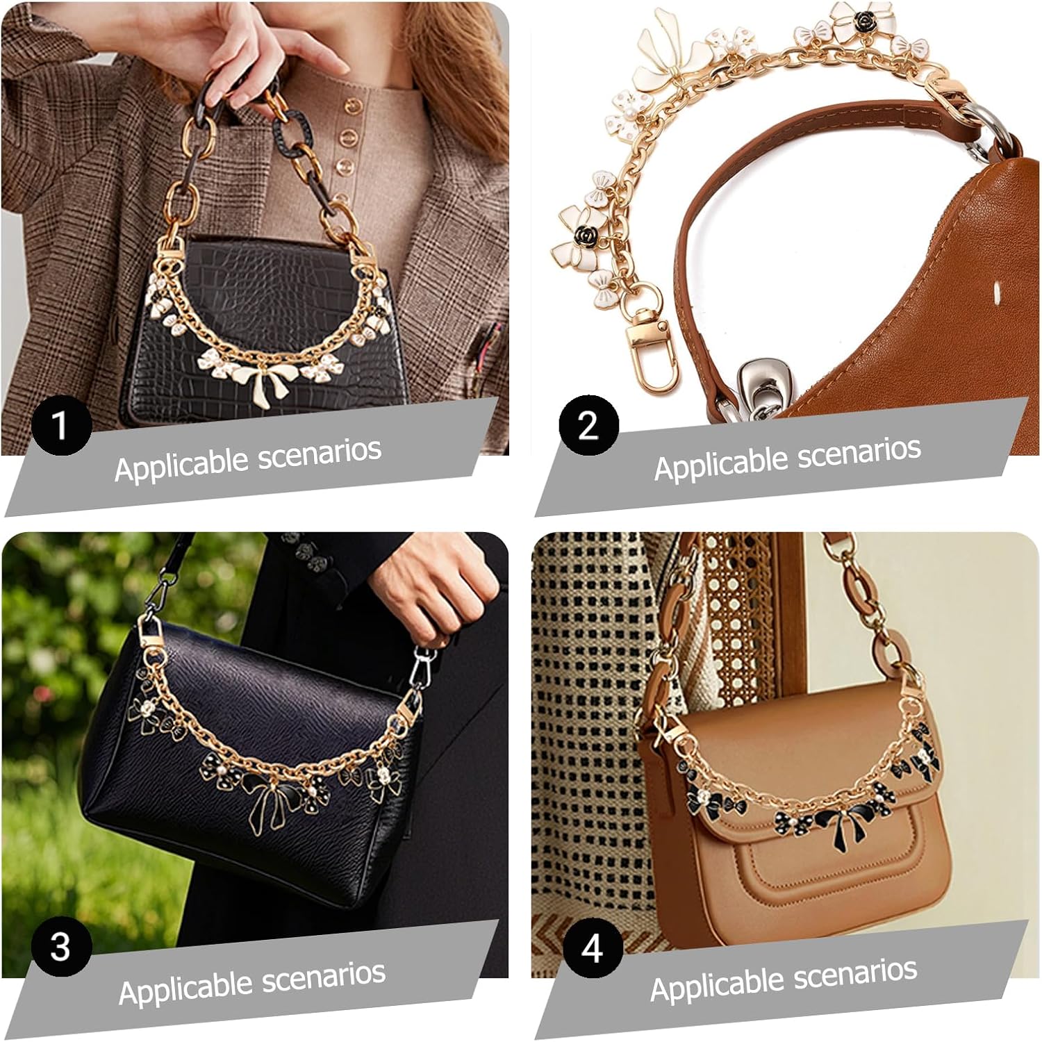 WQVSHRO 2PCS Bow Purse Chain Bag Chain Enamel Decorative Replacement Flower Purse Extender for Crossbody Shoulder Bag Wallet Handbag Charm Strap - Image 2