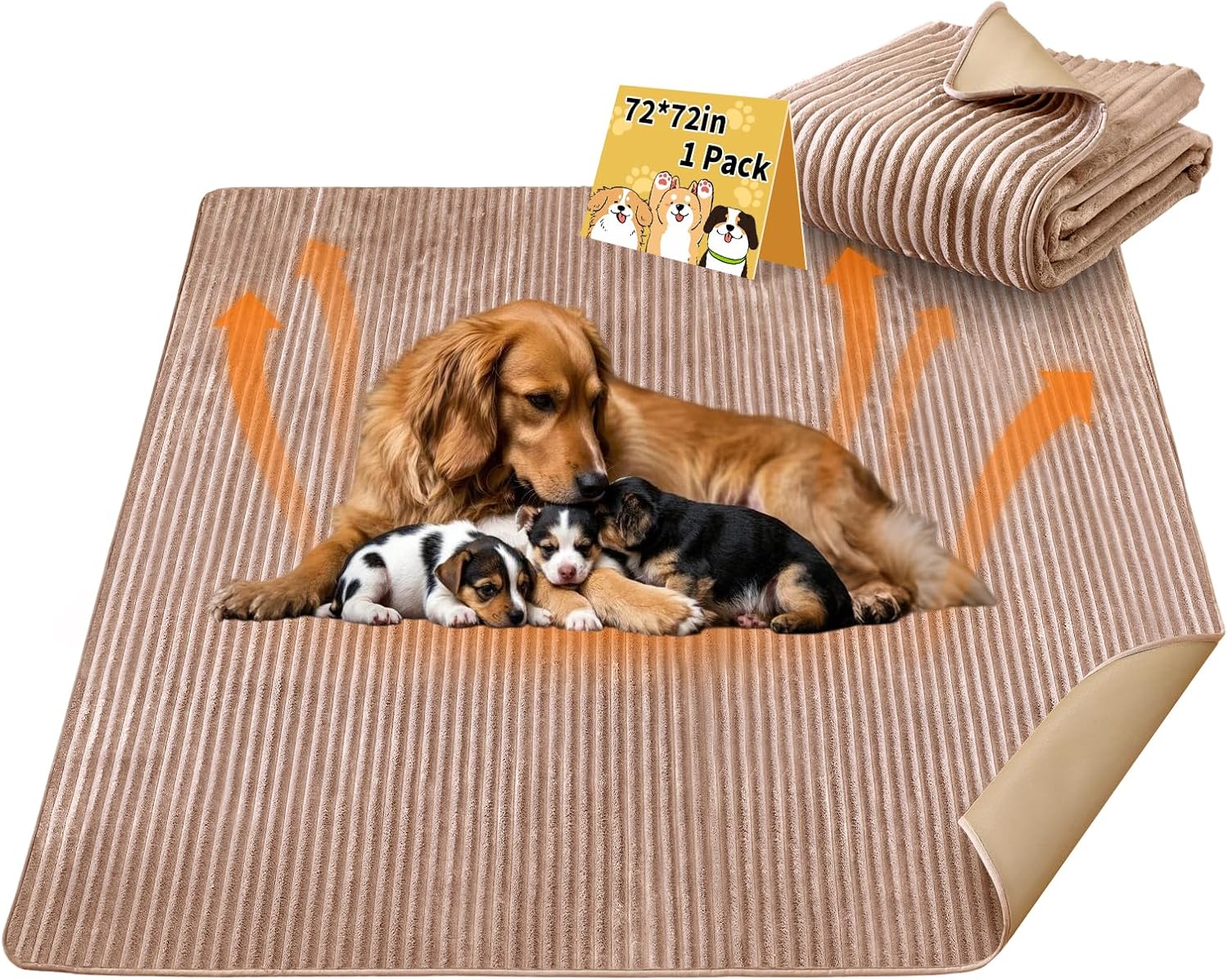Dog Crate Mat, 1 Pack 72"×72" Flannel Washable Pet Mat for Dogs and Cats, Non-Slip Pet Pad for Kennel Training, Absorbs Urine and Waterproof Pad for Sofa Bed Crate Kennel Car Seat Floor（Khaki）
