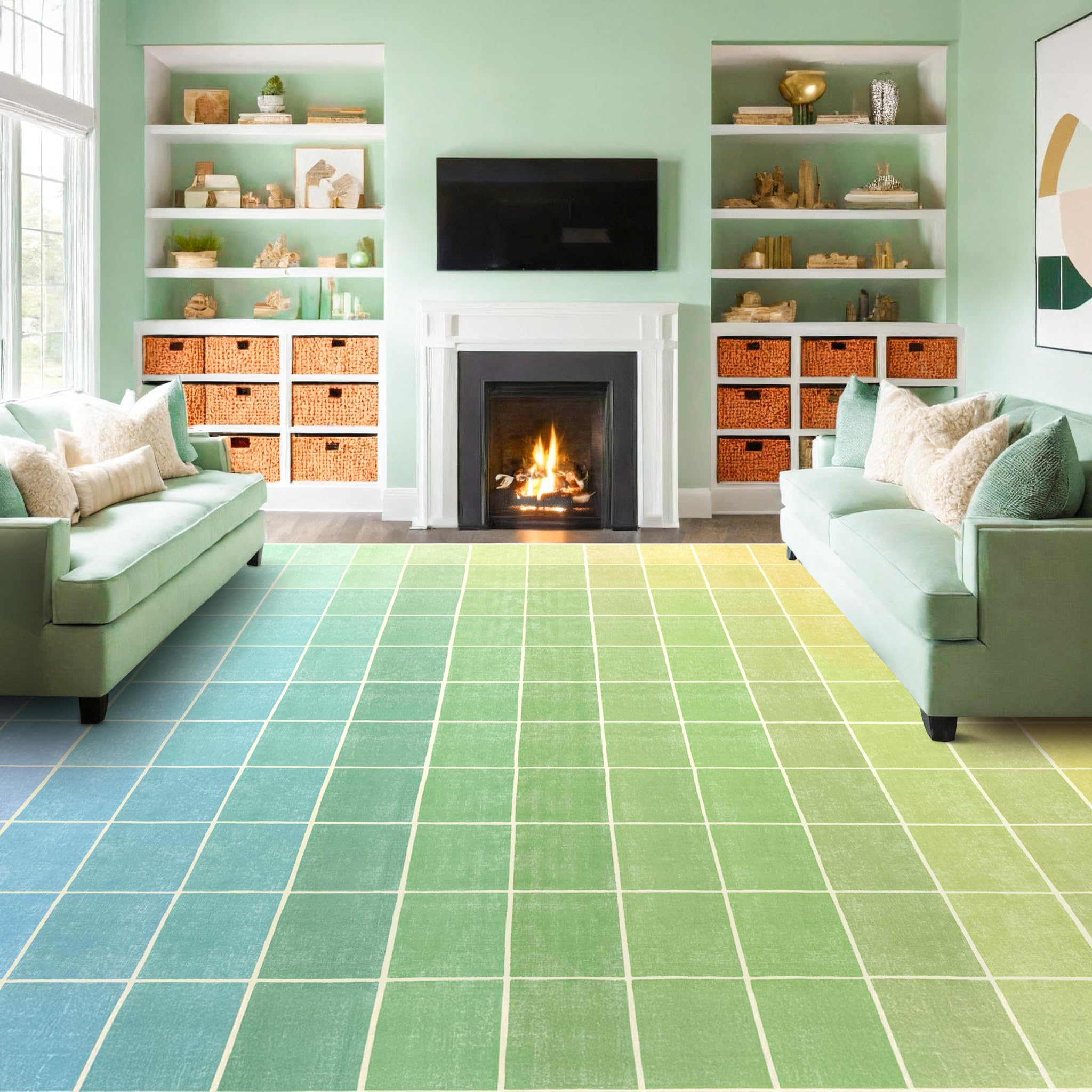 Hazo Haus Colorful Dining Room 6x9 Rug, Washable Area Rugs for Living Room Bedroom, Rainbow Gradient Ombre Aesthetic Unique Retro Abstract Checkered, Non Slip Rubber Backing, Stain Resistant