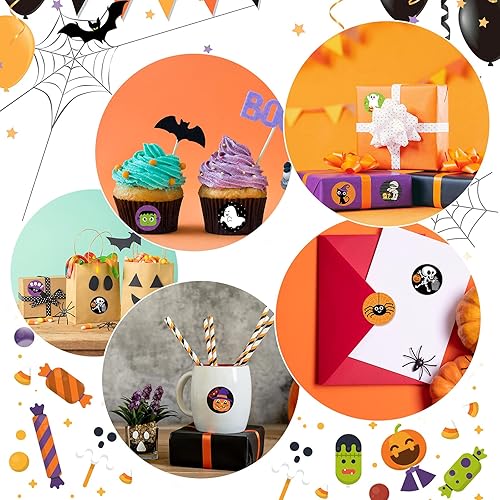 Miniatura 5 de 800 calcomanías de personajes de Halloween, calabaza, araña, murciélago, fantasma, bruja, Halloween, rollo, 16 diseños alternativos, etiquetas de