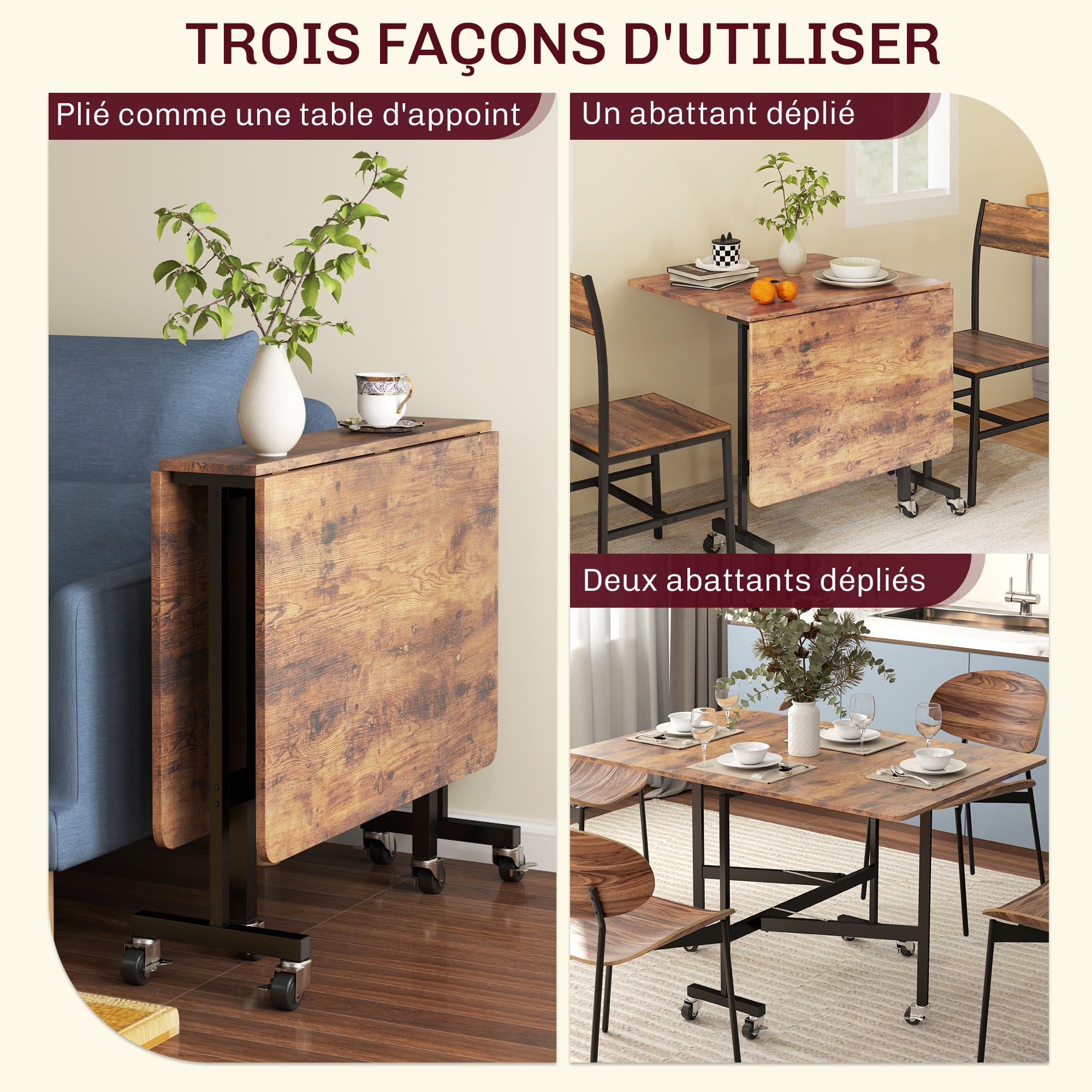 Table à Manger Pliable HOMCOM 120 X 80 Cm - Avec Roulettes - Pour 4 à 6 Personnes - Idéale Petits Espaces
