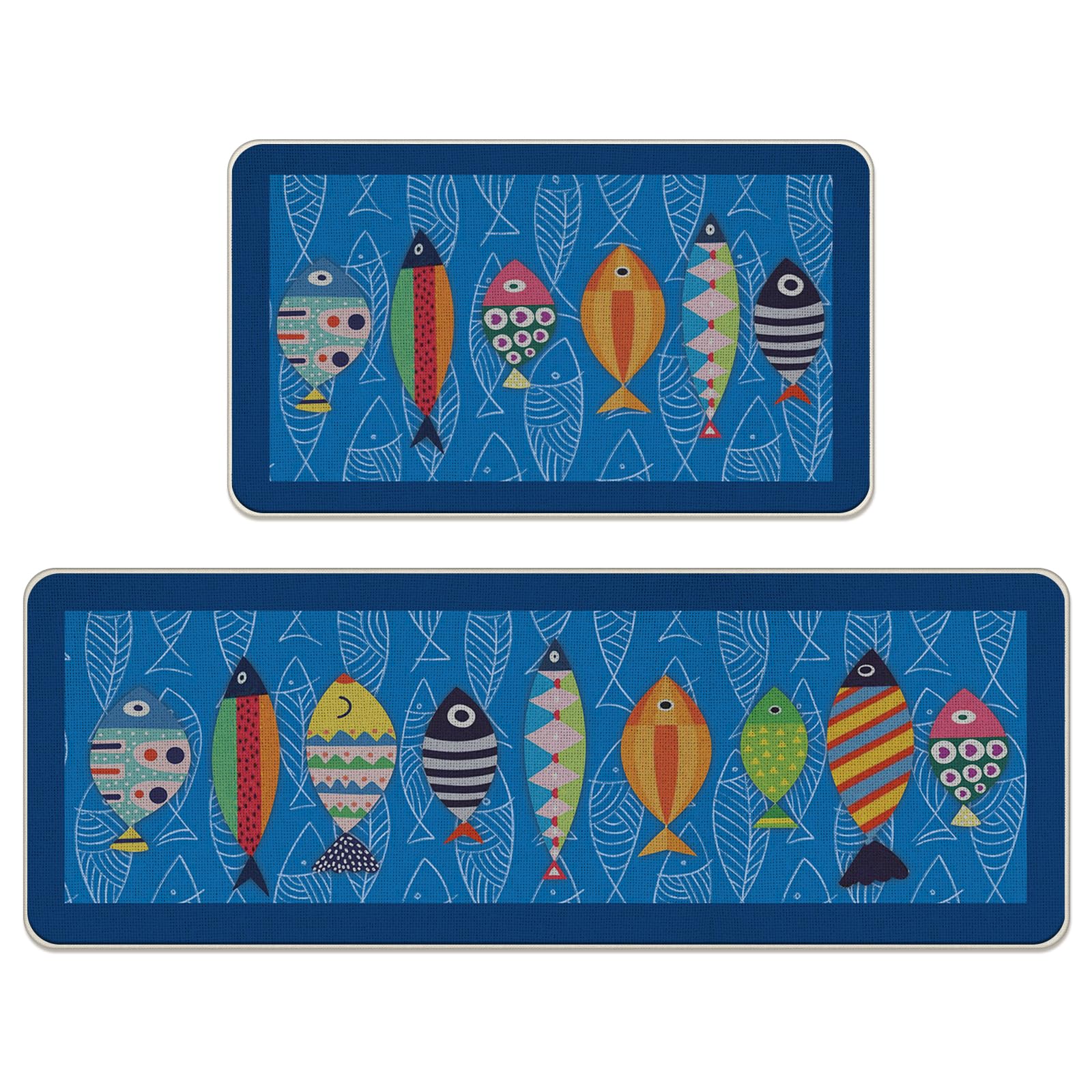 Photo 1 of Livcoz Coastal Fish Blue Kitchen Rugs Set of 2, Nautical Beach Ocean Fishes Floor Mats Decor, Farmhouse Sea Door Mat Home Decorations - 17x29 and 17x47 Inches