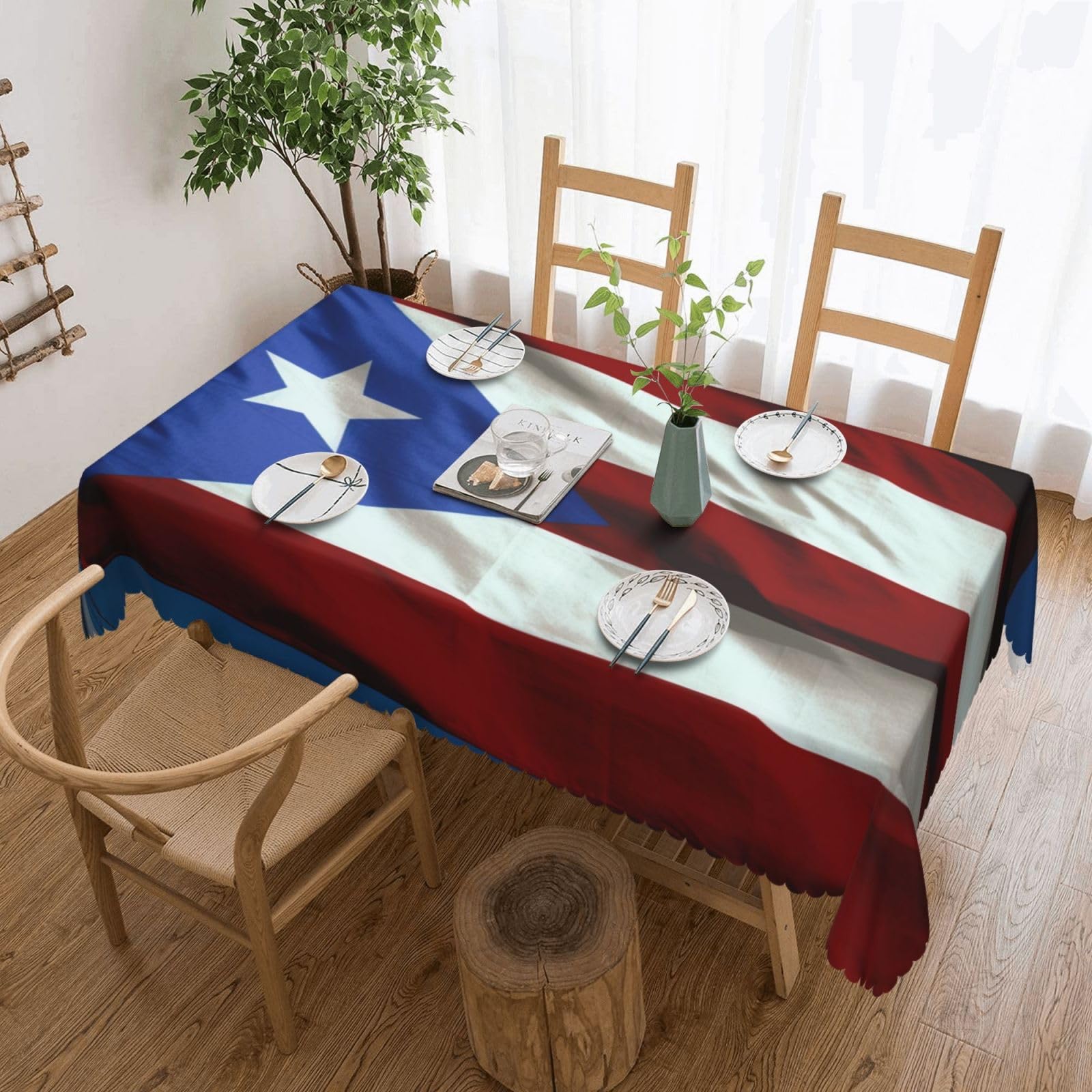 WPKJU Puerto Rico Flag Printed Rectangle Tablecloth 72x54 Inch with Lace Trim, Water-Resistant Washable Table Cover for Farmhouse Weddings, Outdoor Picnics & Holiday Dining