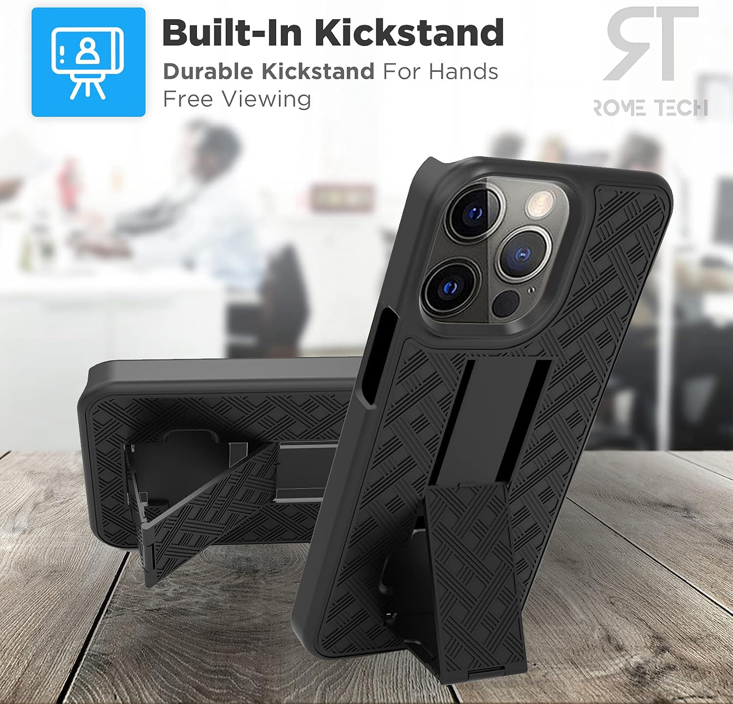 Rome Tech Holster Case with Belt Clip for Apple iPhone 13 Pro 6.1" (2021) - Slim Heavy Duty Shell Holster Combo - Rugged Phone Cover with Kickstand Compatible with iPhone 13 Pro - Black