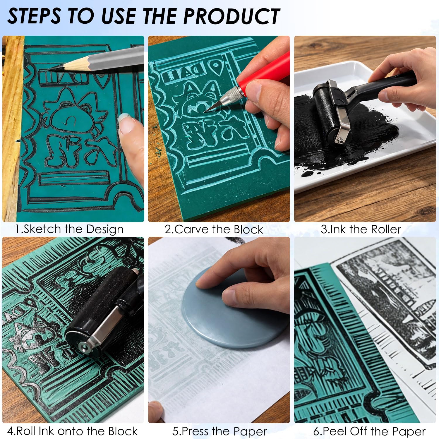 KAKABUBBLE Kit di stampa Linocut e Block per principianti, con strumenti per intagliare, blocchi di linoleum, Brayer, inchiostro a base d'acqua e carta da trasferimento, artigianato fai da te