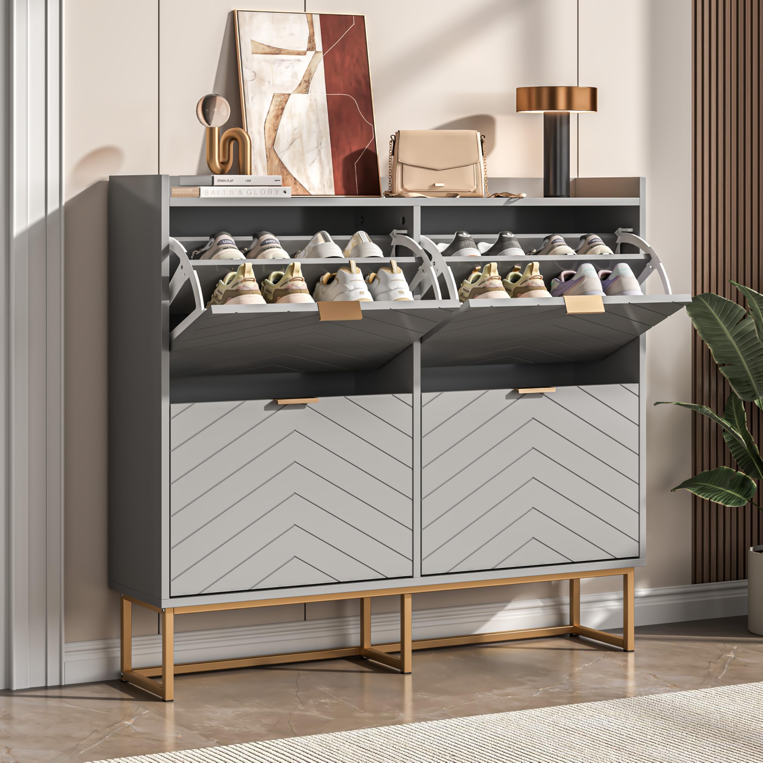 UEV Slim Shoe Storage Cabinet with 4 Flip Drawers, Hidden Shelf & Modern V-Line Design – Narrow Unit Shoe Organiser for Hallway, Entryway or Living room, Grey