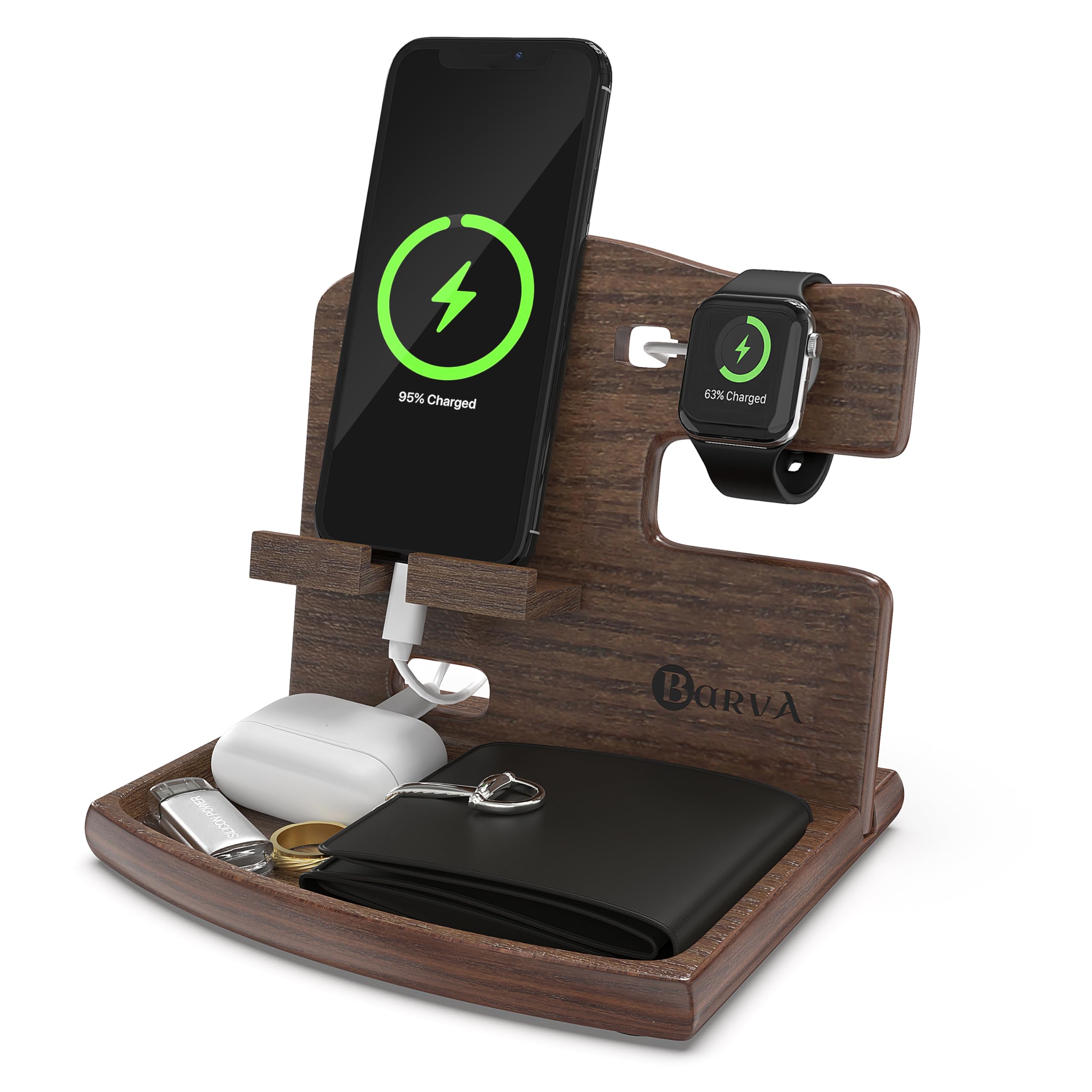 BarvA Wood Docking Station | Phone Stand & Desk Organizer | Night Stand Charging Station & Phone Holder | Portable Nightstand Organizer for Men's Accessories | Ideal Gifts for Men