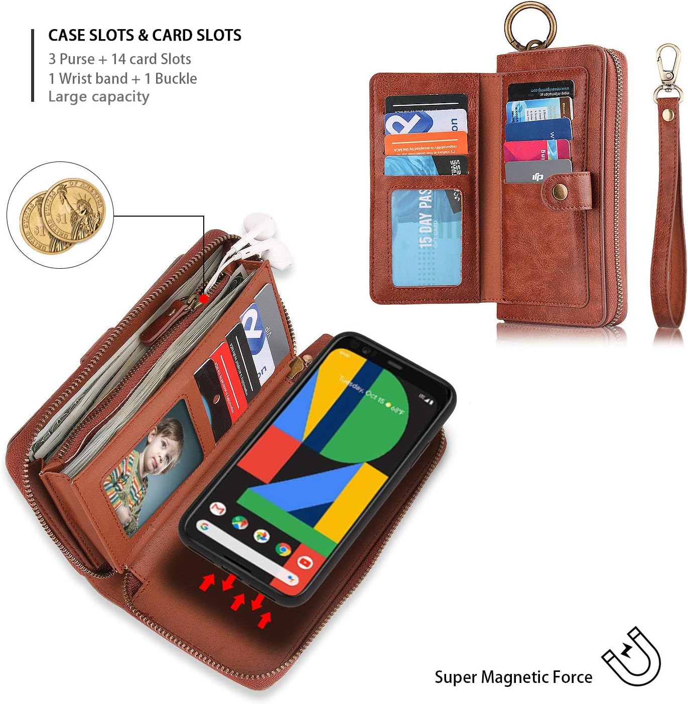 🔥 Hot Deals WintMing Compatible with Google Pixel 4XL Wallet Case Zipper 14 Card Holder Wallet Magnetic Detachable Multi-Function Flip Cover for Pixel 4XL