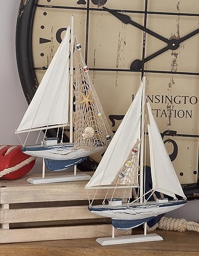 Miniatura 5 de Deco 79 Escultura de barco de vela de madera costera, juego de 2 20 pulgadas de alto, 13 pulgadas de ancho, blanco