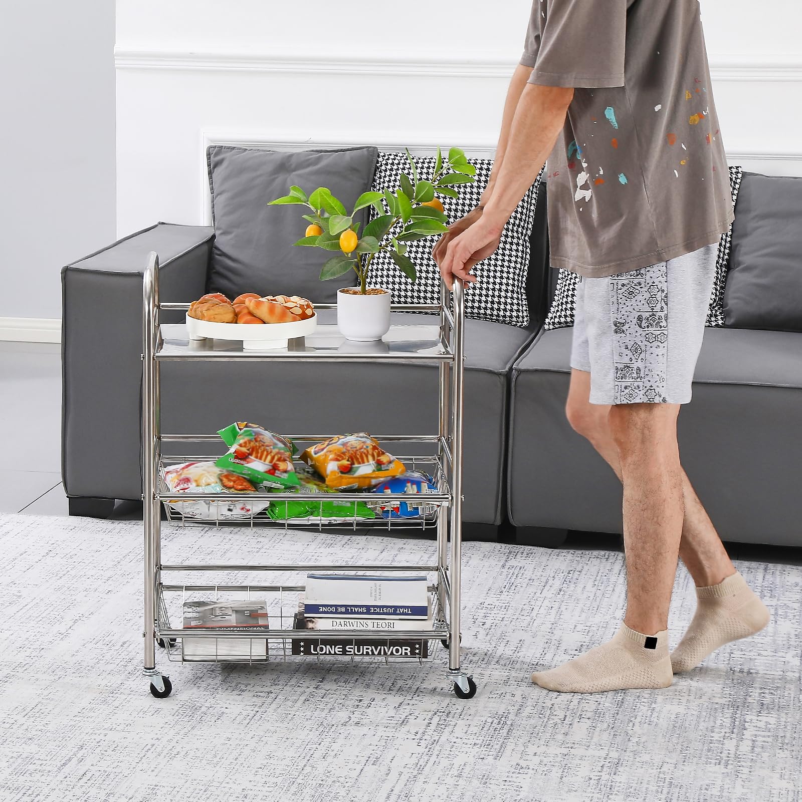 Carrello Industriale a 3 Ripiani con Scaffalatura Metallica | Ruote Bloccabili & Acciaio Commerciale | Soluzione per Cucina, Dispensa e Garage