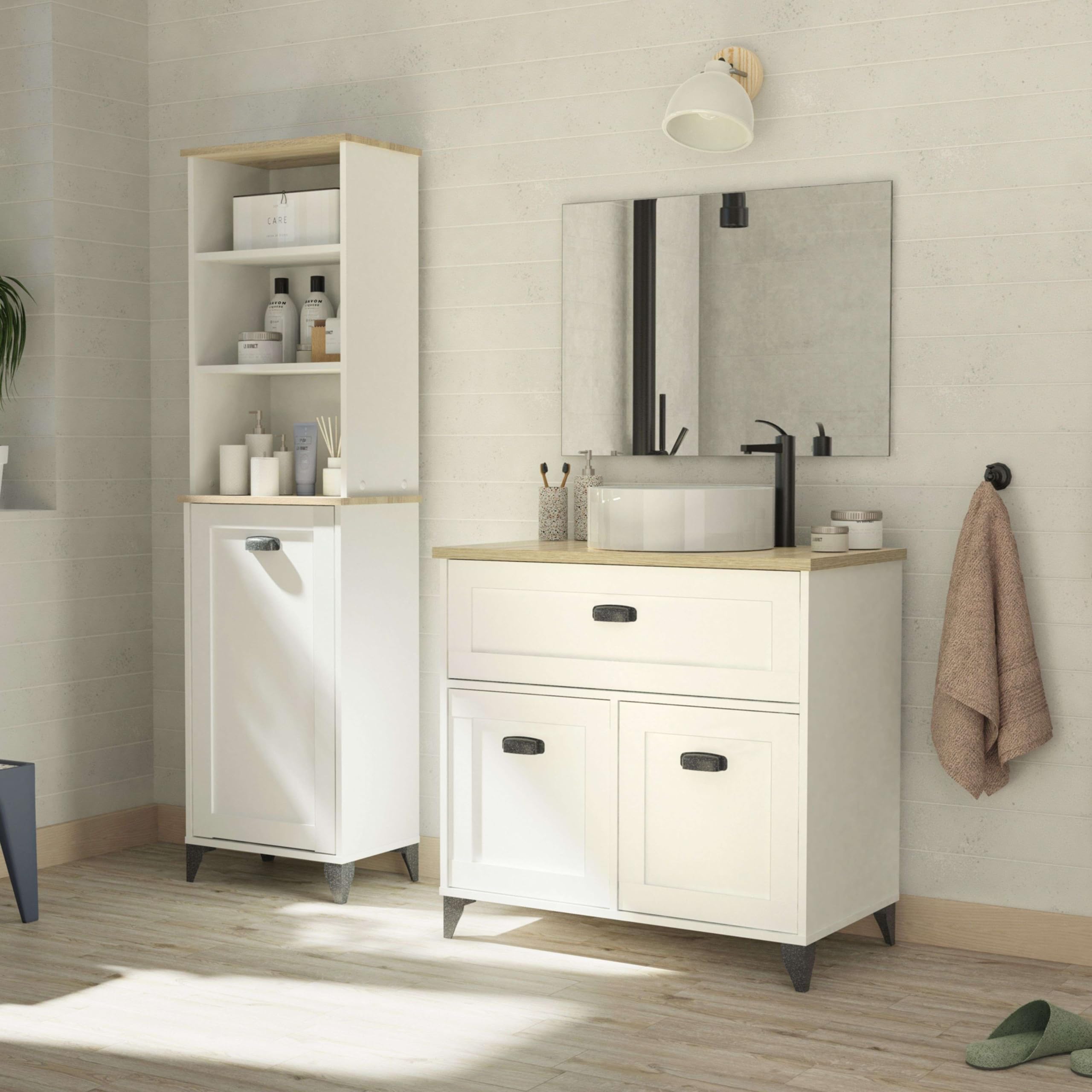MUEBLES PITARCH | Mueble de Baño 80cm Ancho con Patas, Cajón guías Cierre Suave, 2 Puertas, para Lavabo de sobreponer, Blanco y Roble Cambrian, Estilo Vintage Modelo Toscana