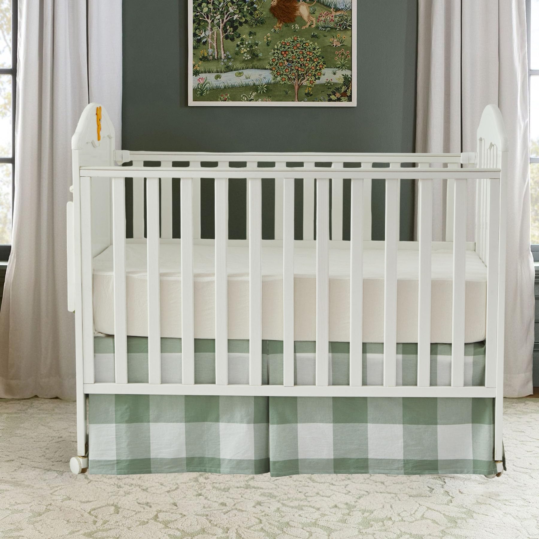 Brandream Crib Skirt Gingham Tailored, Baby Boy, Baby Girl, Gender Neutral Crib Skirt, Toddler Bedskirt Farmhouse Chic Nursery Crib Bed Skirt, Bohemian Green Plaid Gingham Dust Ruffles