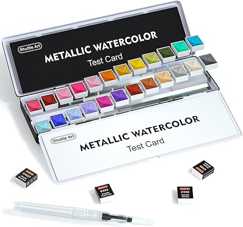 Miniatura 1 de Shuttle Art - Pinturas de acuarela metálicas, 24 colores de pintura de acuarela con purpurina en medias sartenes con pincel de agua, almohadilla de