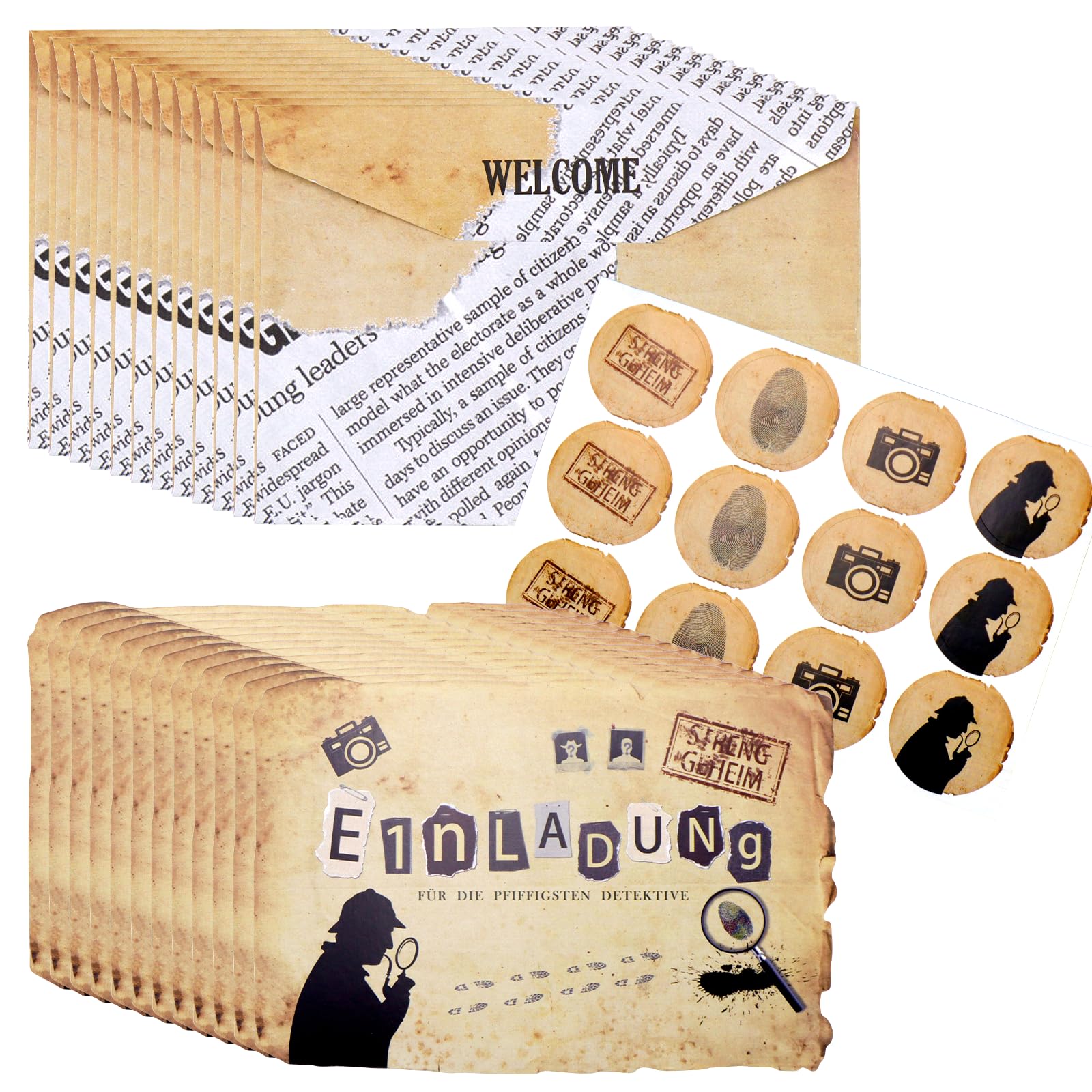 12 Cartes D'invitation Anniversaire Thème Détective - Avec Enveloppes Et Autocollants, En Allemand, Pour Enfants
